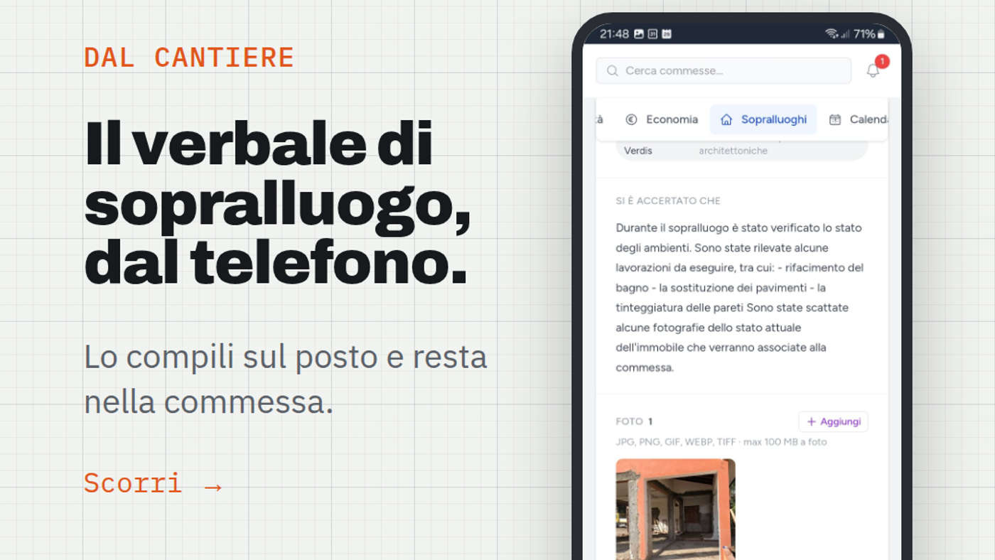 Il verbale di sopralluogo dal telefono: lo compili sul posto e resta nella commessa