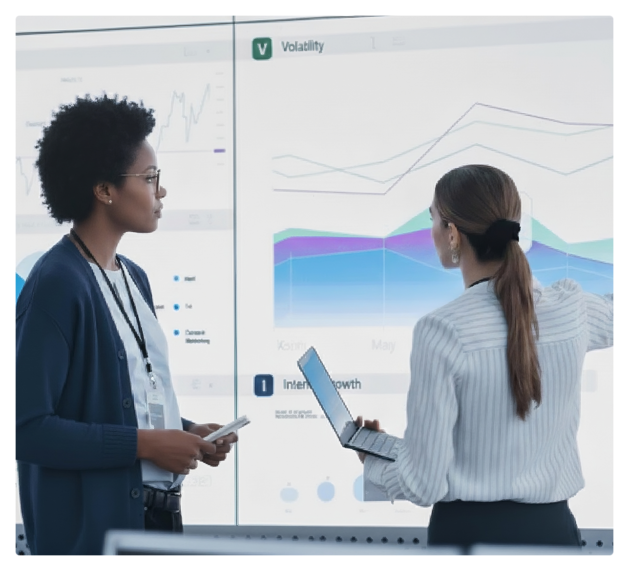 meeting room table with papers showing graphs on top