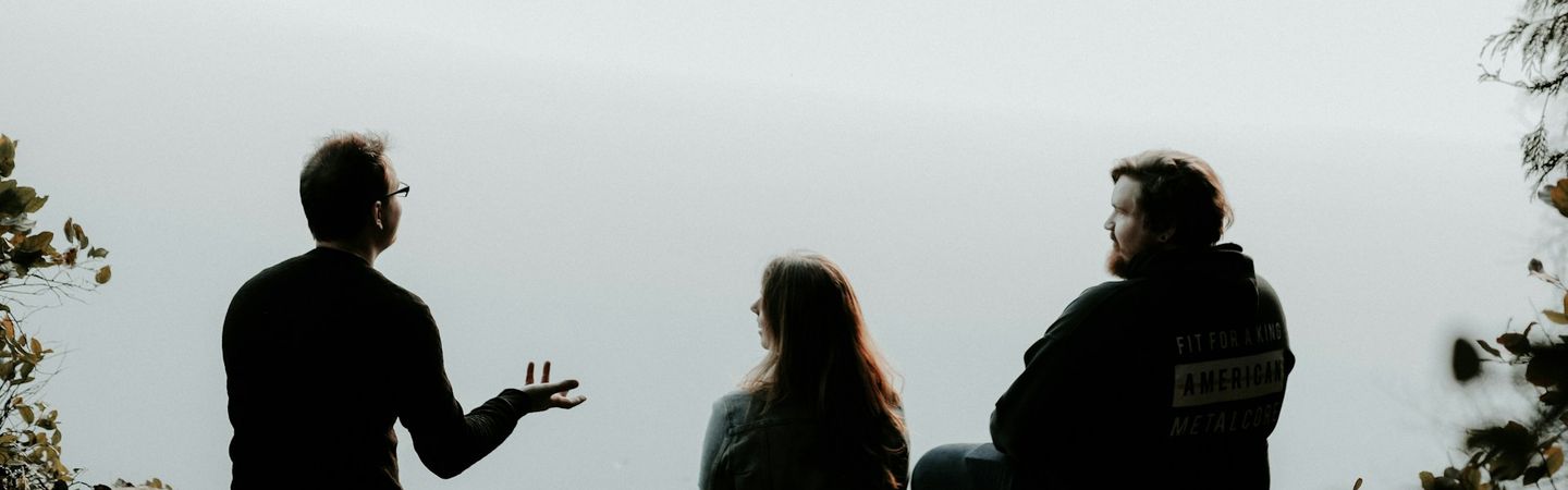 two men and a woman sit in discussion in the foreground with their backs to the camera, with leaves and branches at the sides | Therapeutic supervision | Tempo Therapy and Consulting