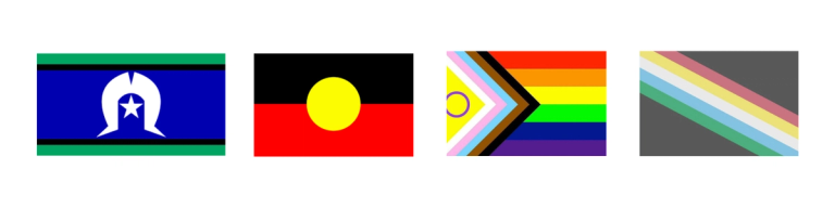 4 flags sit in a row in the following order: Torres Strait, Aboriginal, inclusive pride including intersex, non binary, trans and pride colours, disability pride flag | Tempo Therapy and Consulting