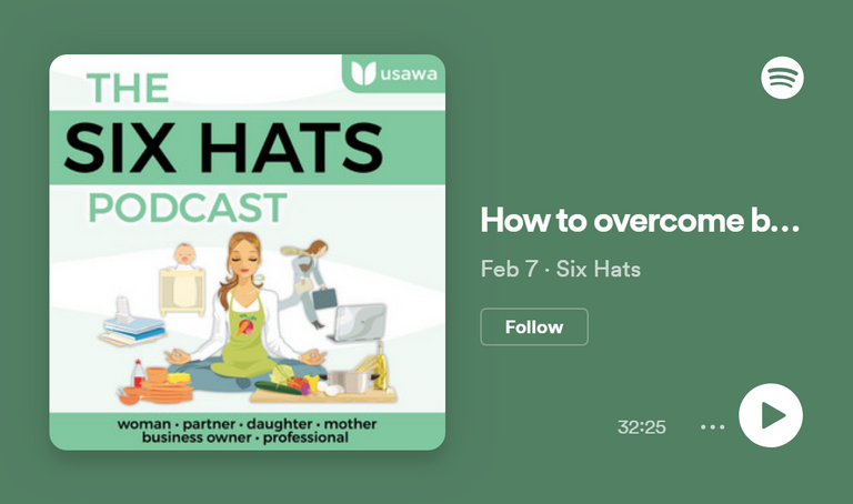logo saying 'the six hats podcast' with a cartoon image of a meditating woman depicting food, family, a computer and a person rushing away sits on a sage green rectangle | burnout podcasts | Tempo therapy and consulting