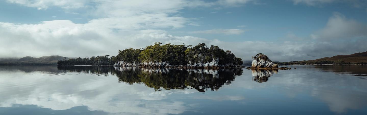 Small island with trees reflected in calm water under a soft pink and blue sky. | how to leave clinical work at work | Tempo Therapy and Consulting
