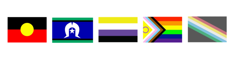 5 flags sit in a row in the following order: Torres Strait, Aboriginal, non-binary flag, inclusive pride including intersex, trans and pride colours, disability pride flag | Tempo Therapy and Consulting