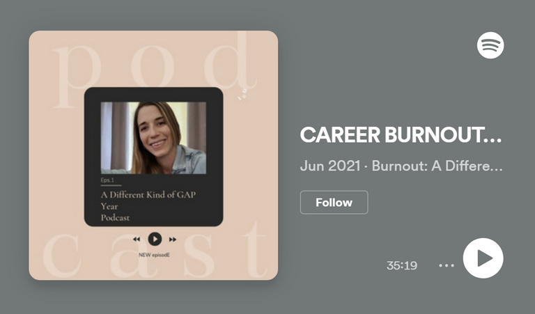 pale pink logo with a small photo of a smiling white woman with long brown hair sits on a grey rectangle with the words 'career burnout' | burnout podcasts | Tempo therapy and consulting