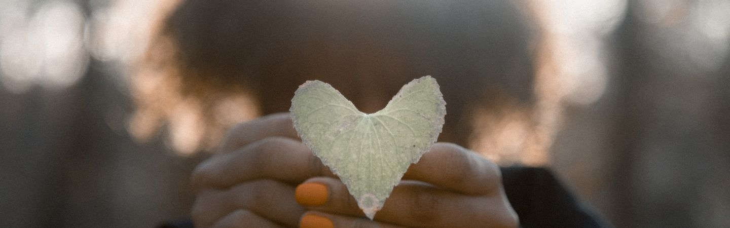 brown skinned hands with orange fingernails hold a close-up of a pale green heart-shaped leaf  | mothering teachers and health professionals | Tempo Therapy and Consulting