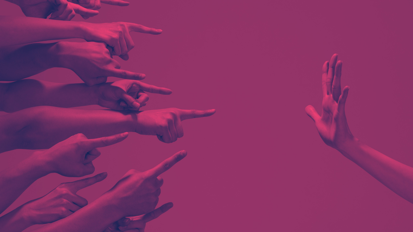 At the left a group of arms point at a hand held up in a stop sign at the right  | helping professionals | Tempo Therapy & Consulting