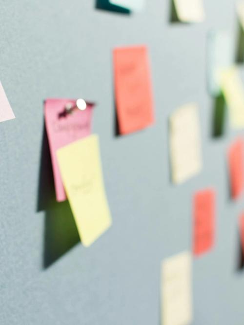 colourful post-it notes are pinned on a blue wall | Team supervision |Tempo therapy and Consulting