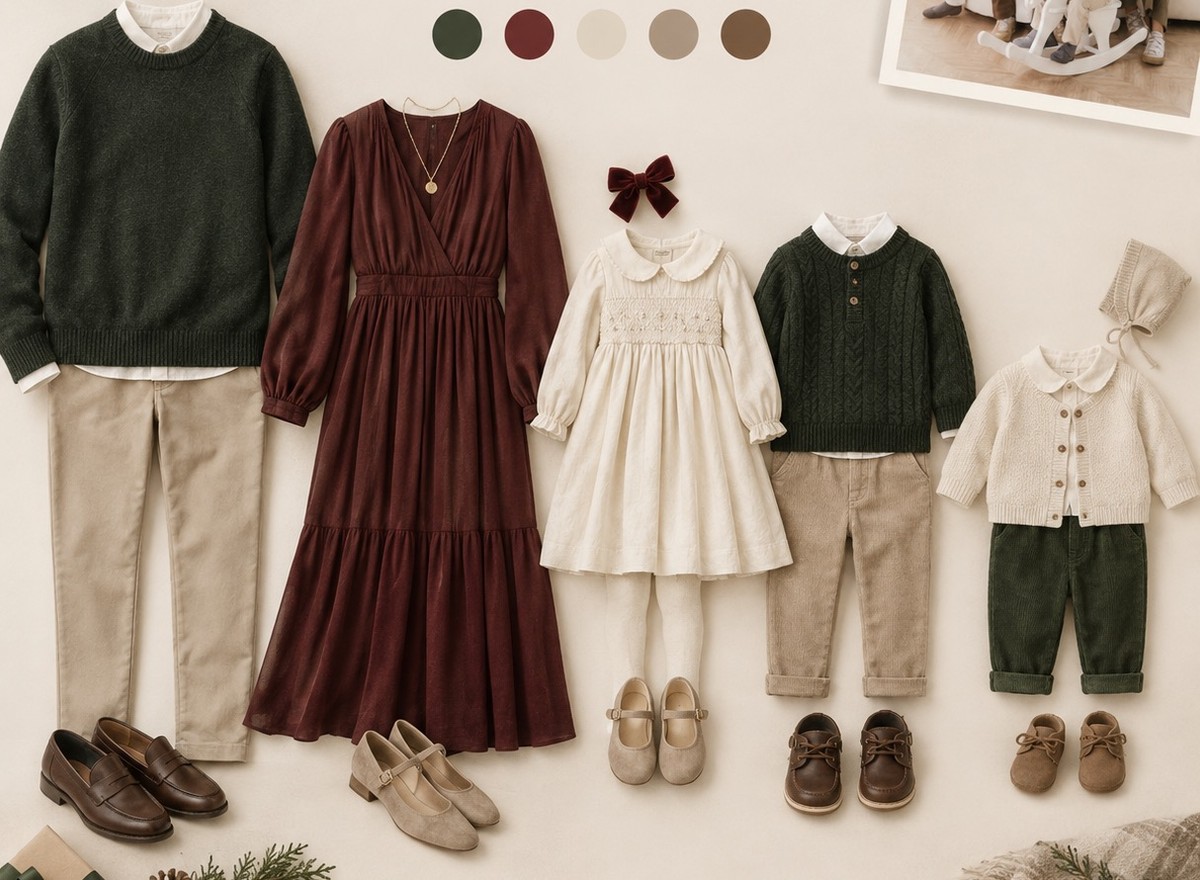 Moodboard Navidad 2026: paleta de verde botella, burdeos, crema, taupe y marrón con ropa coordinada para toda la familia