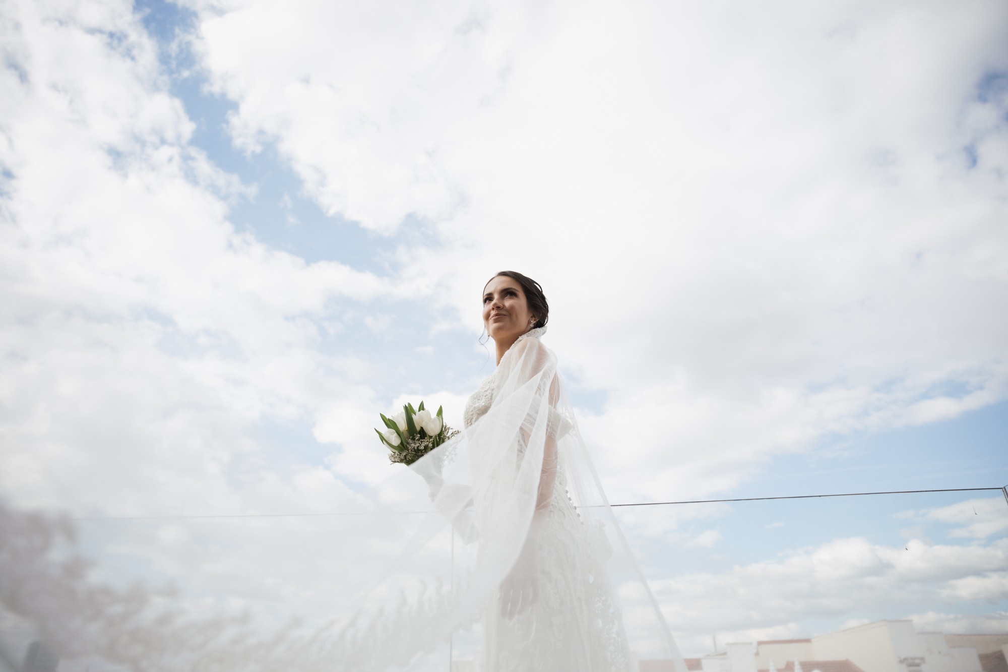 La novia mira al horizonte recortada contra un cielo de nubes