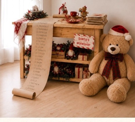 Set Santa Workshop: mesa de madera con dulces, una lista de nombres desplegada, regalos y un gran oso de peluche con gorro de Papá Noel