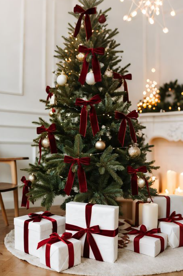 Set La Navidad en casa: familia de cuatro en un sofá blanco junto al árbol con lazos blancos; el niño juega con un caballito balancín de madera