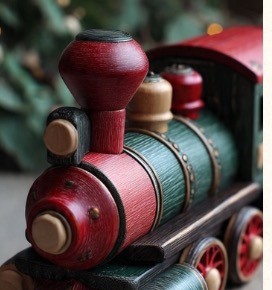 Tren de madera de juguete en rojo y verde