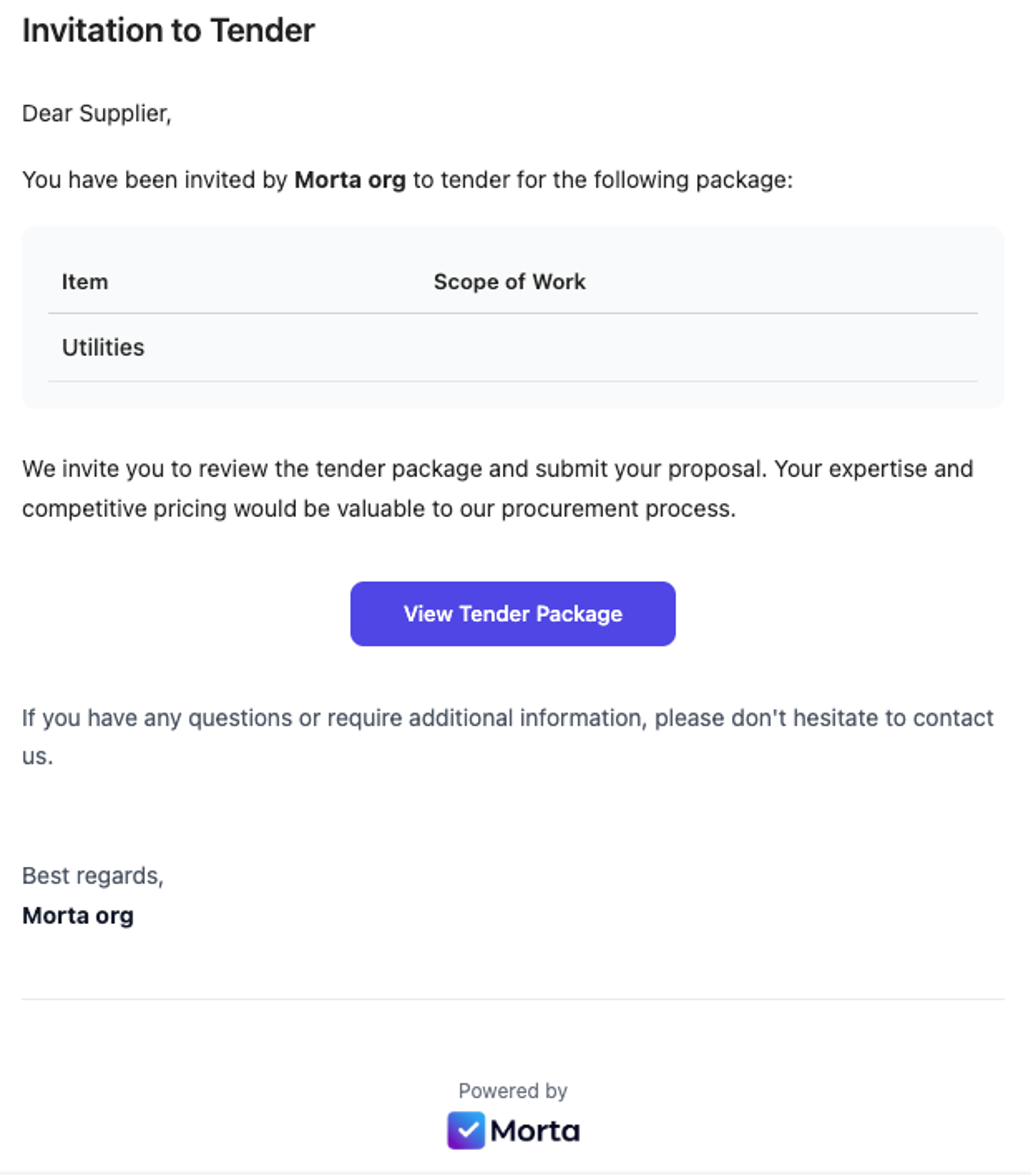 Email Invite to Tender interface