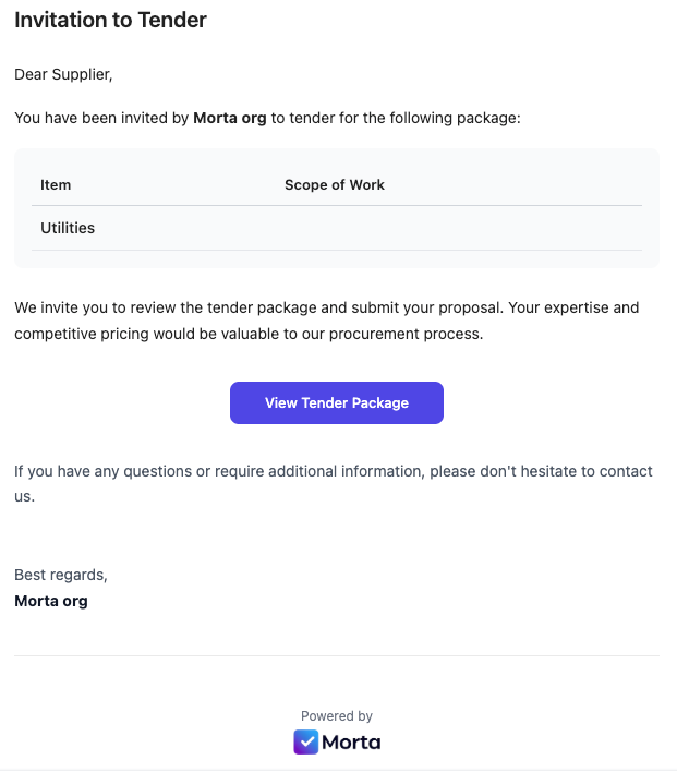 Email Invite to Tender interface