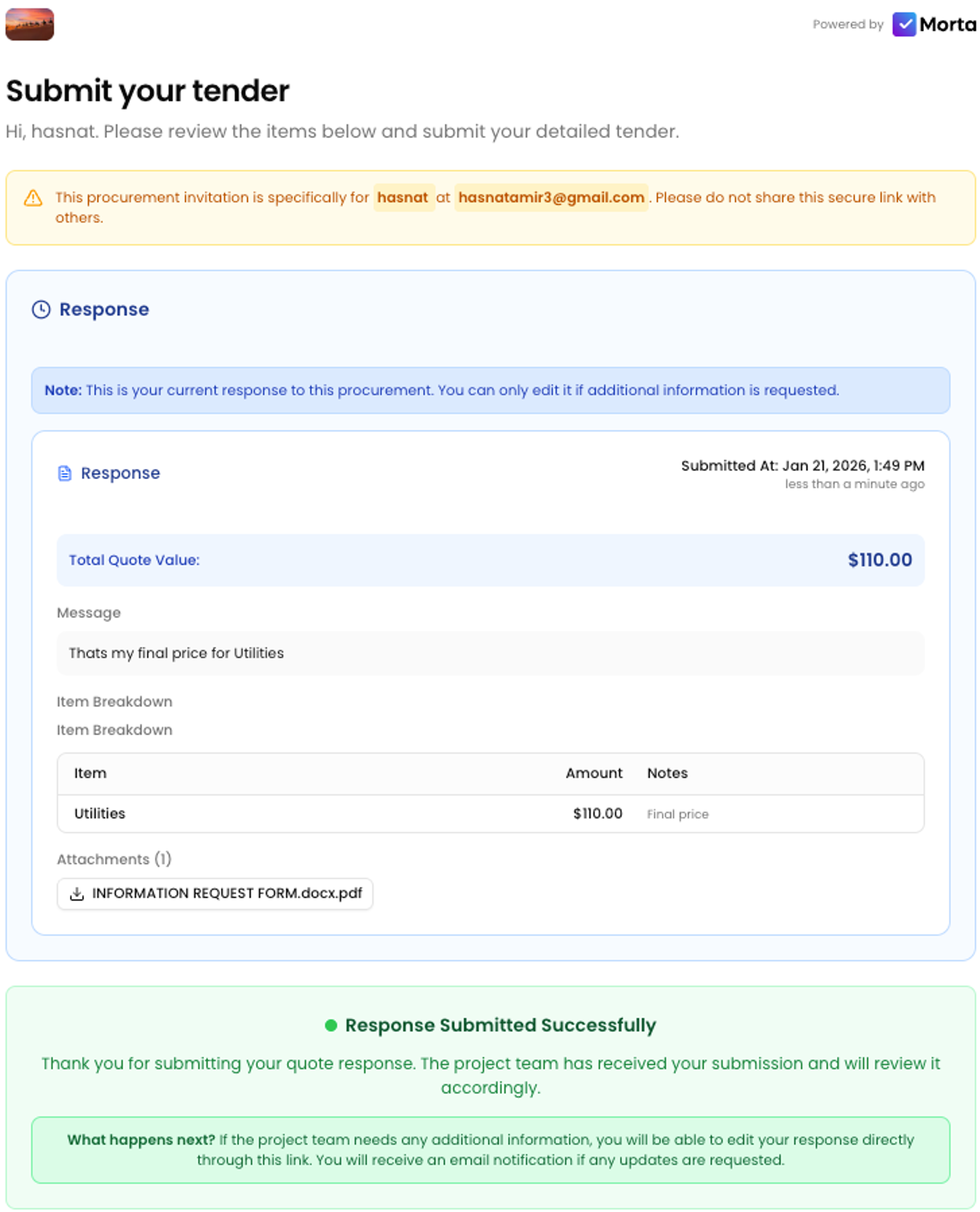 Submit Tender interface