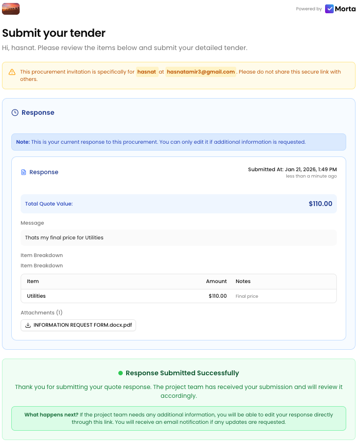 Submit Tender interface