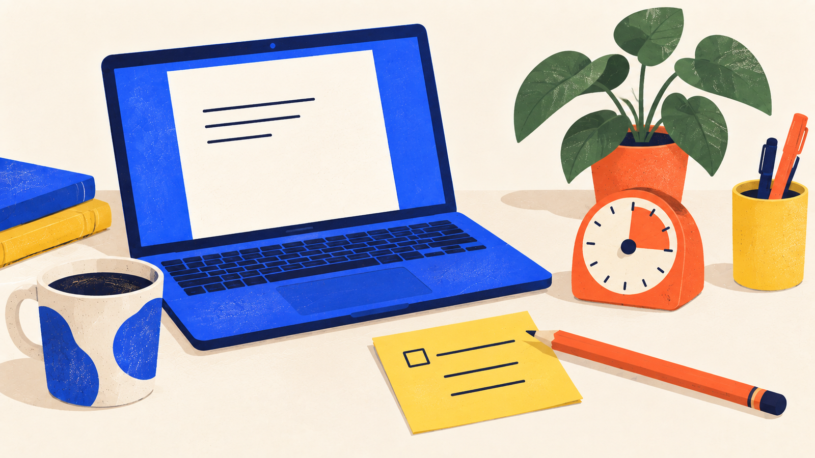 Illustratie van een laptop met een begonnen document, een gele taakkaart en een oranje timer om aan één kleine scriptietaak te beginnen.