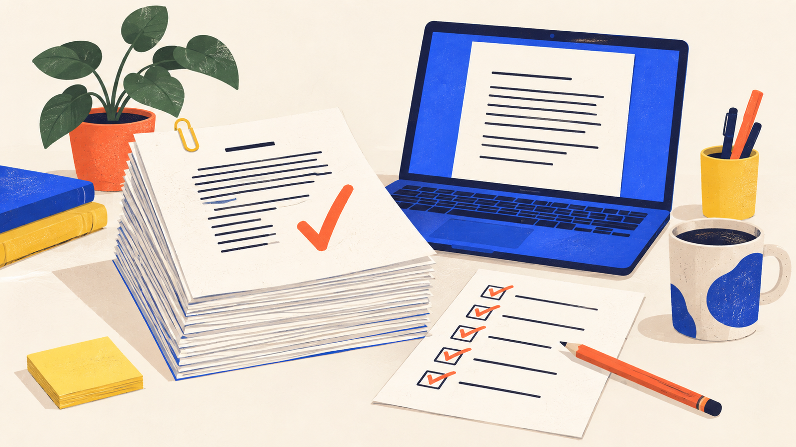 Illustratie van een scriptie, laptop en afgevinkte checklist voor de laatste controle voor het inleveren.