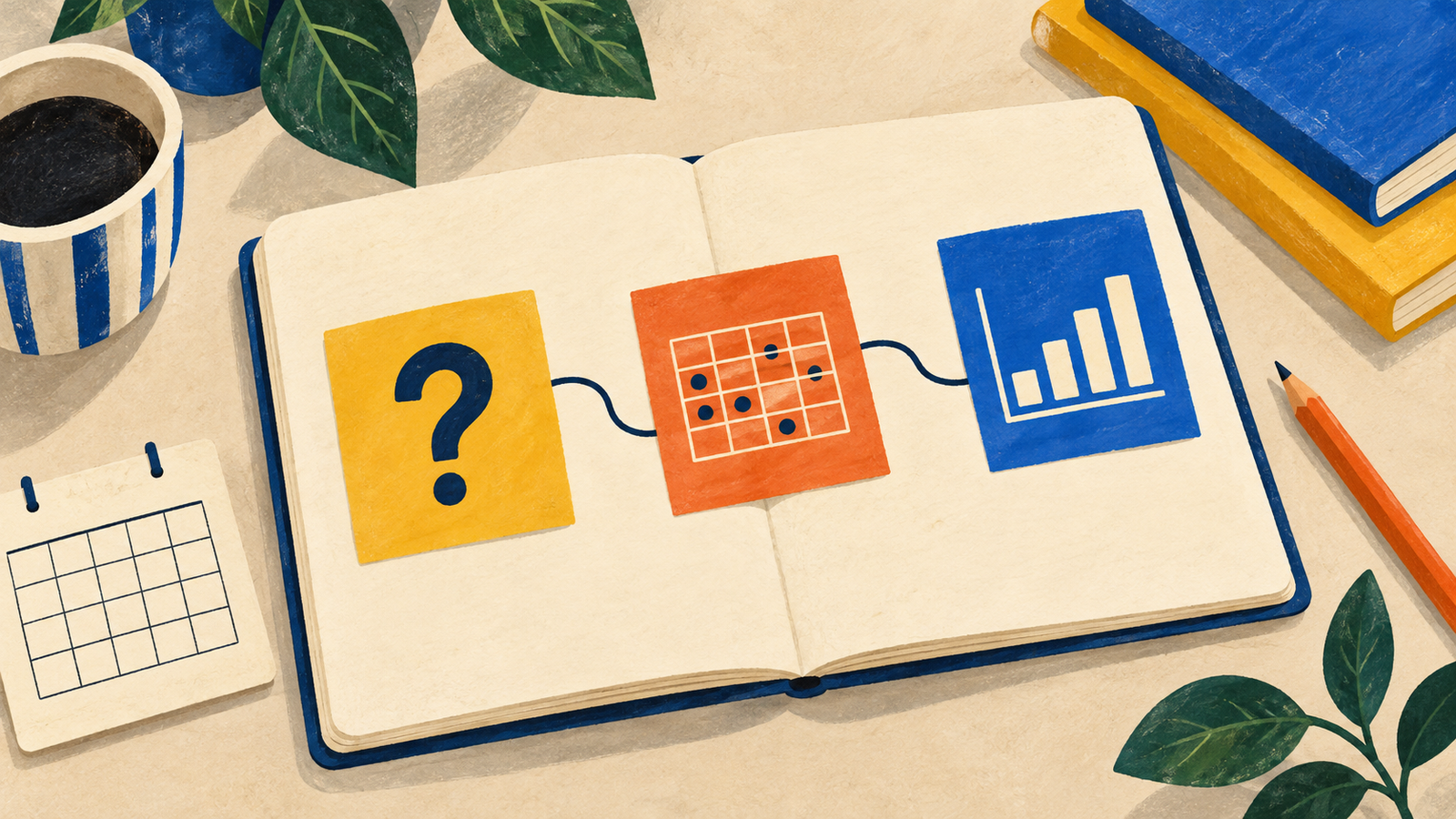 Illustratie van een open notitieboek met drie verbonden kaarten: een vraagteken, een gegevensrooster en een grafiek, naast een lege kalender.