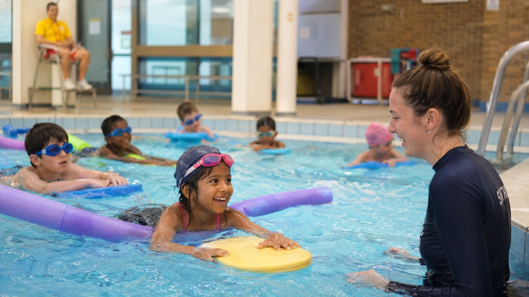 Children learning to swim with floats and an instructor