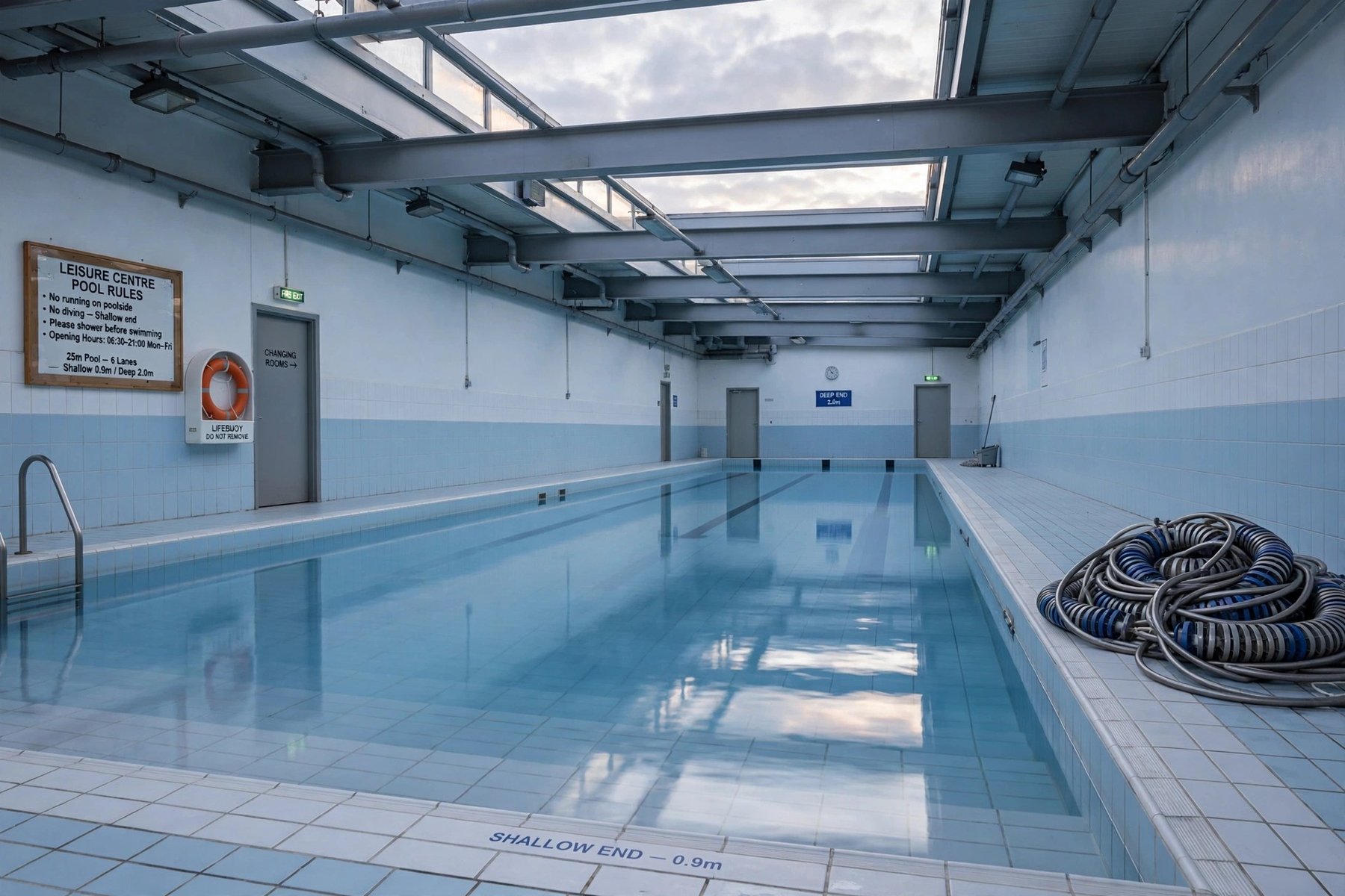 Empty swimming pool at dawn