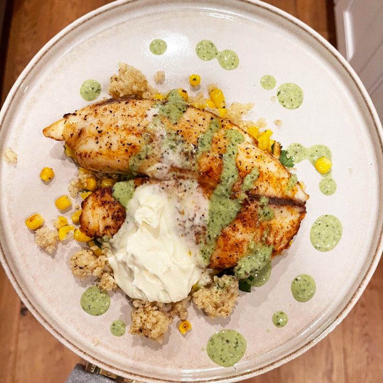 Tilapia with Quinoa, Corn, and Creme Fraiche Recipe