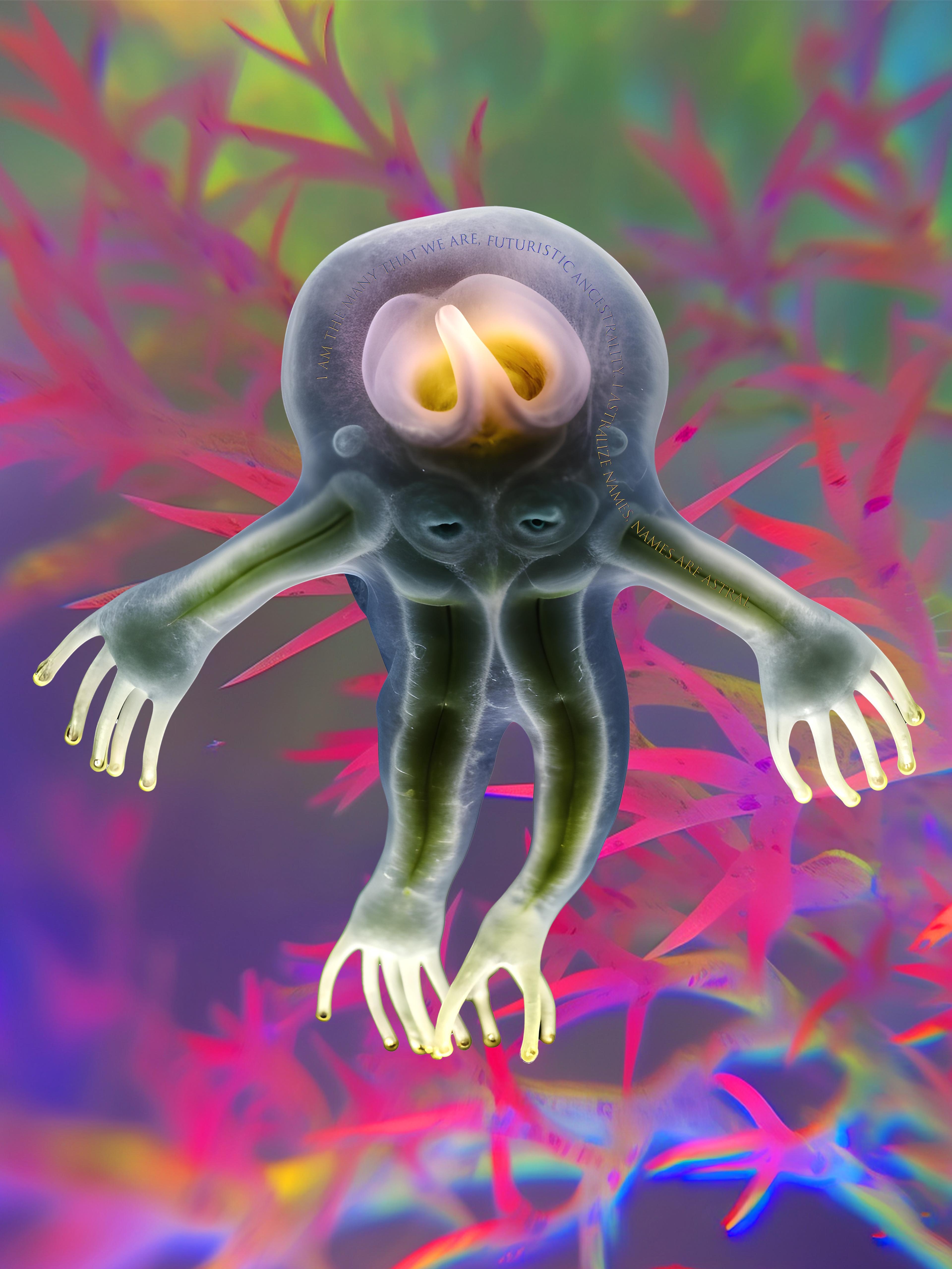 A photographic artwork of a semi-transparent biological figure floating against a background of pink stems