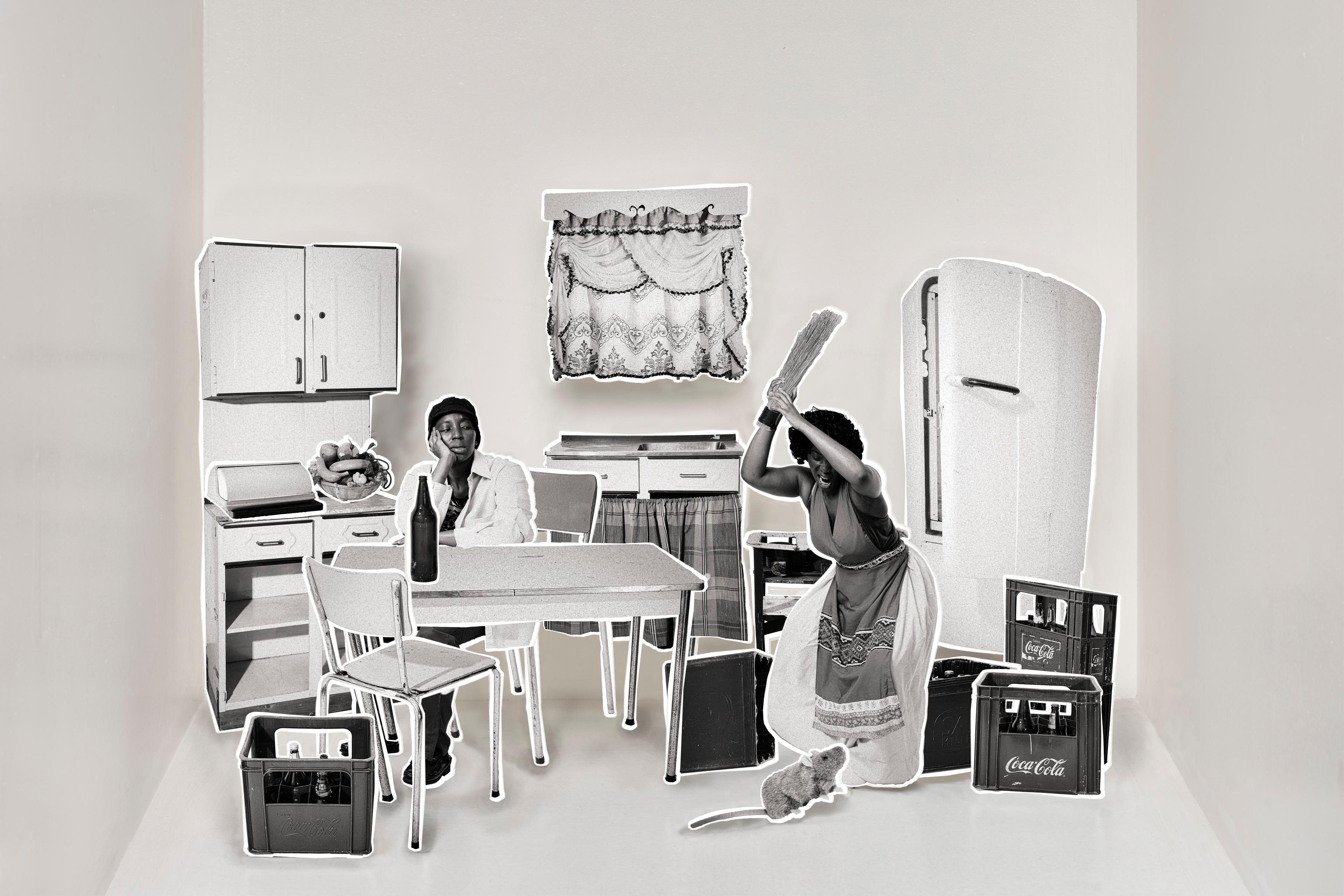 Collage of b/w cut outs resembling a kitchen with two people