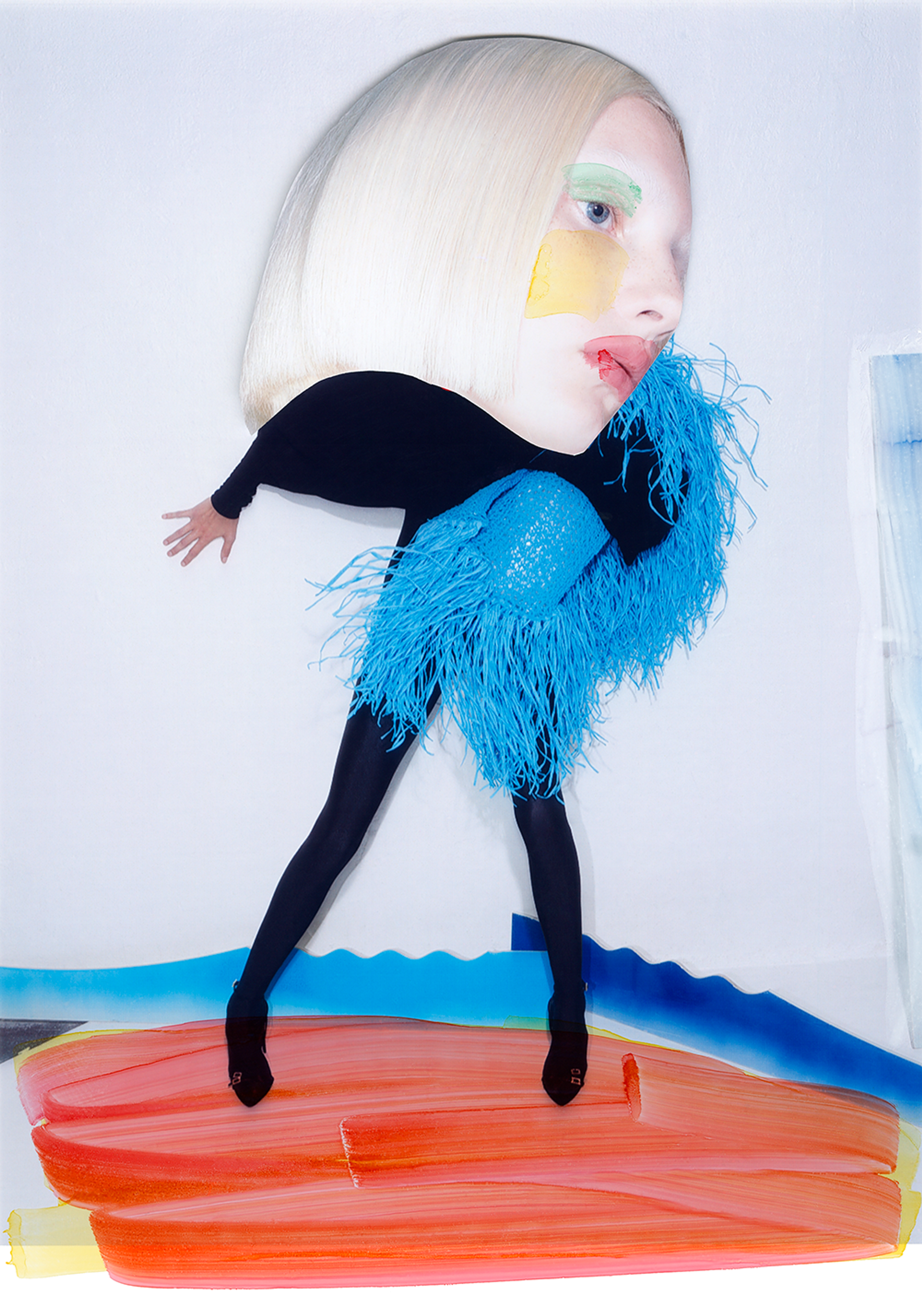 Surreal portrait of a person with an oversized head, blonde hair, colorful makeup, and blue feather-like details on black clothing, against an abstract background.