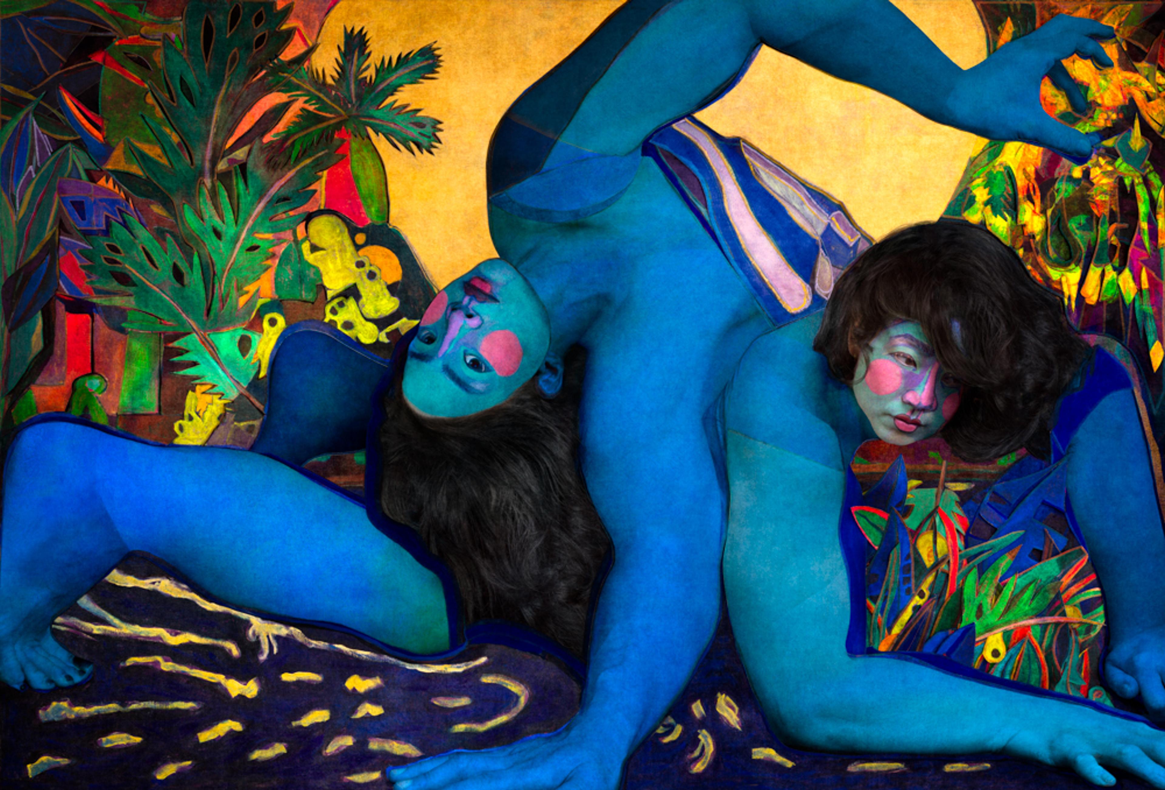 Painting of two women in blue on colorful background