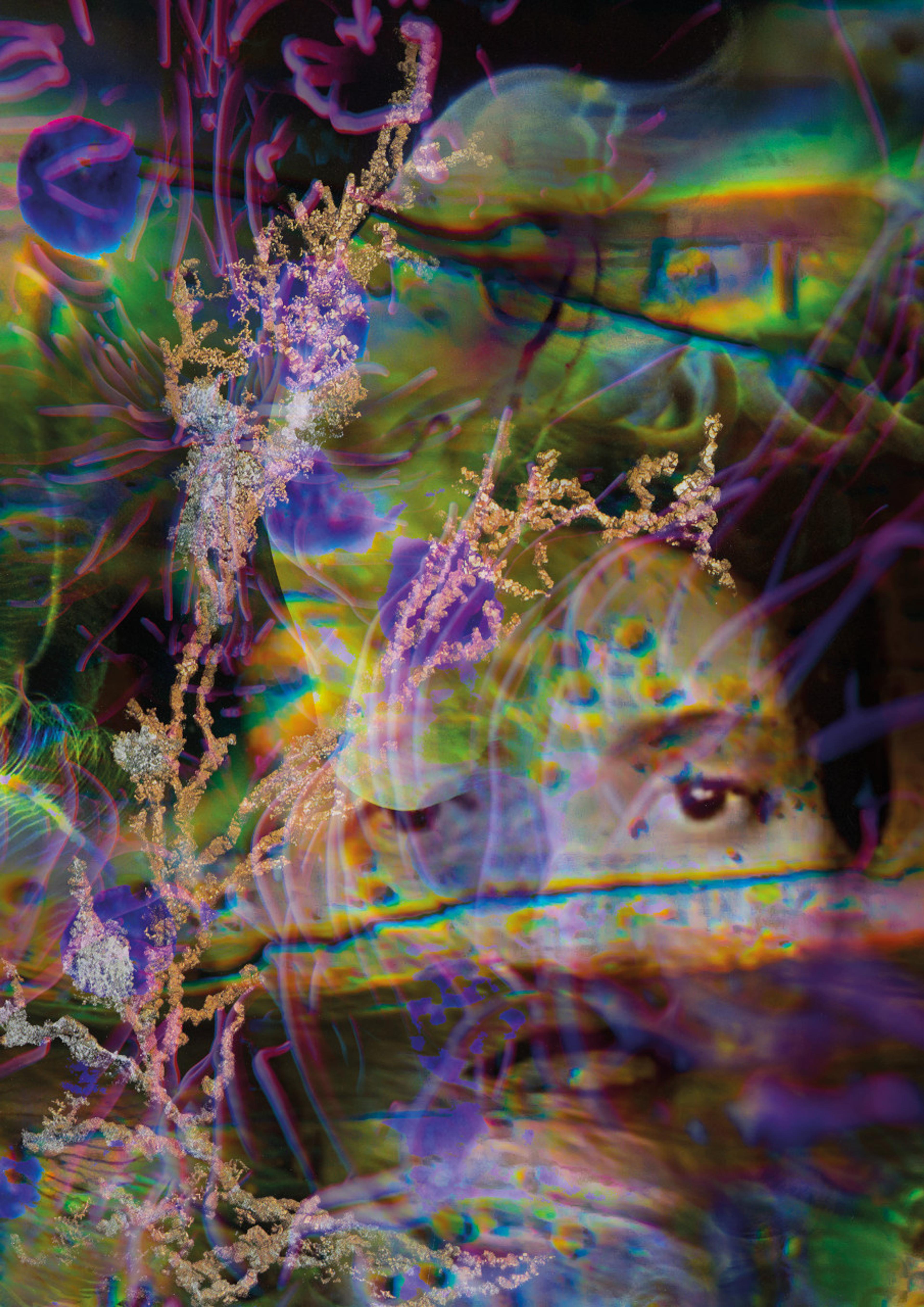 A collage of microscopic images of microorganisms in green and purple colors, superimposed over a photograph of a woman.