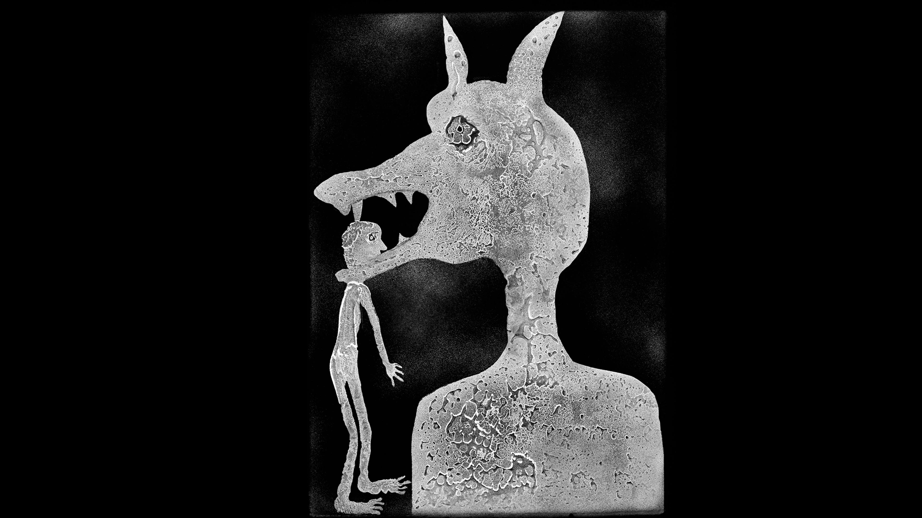 B/W artwork of a wolf like creature with a human head in his mouth