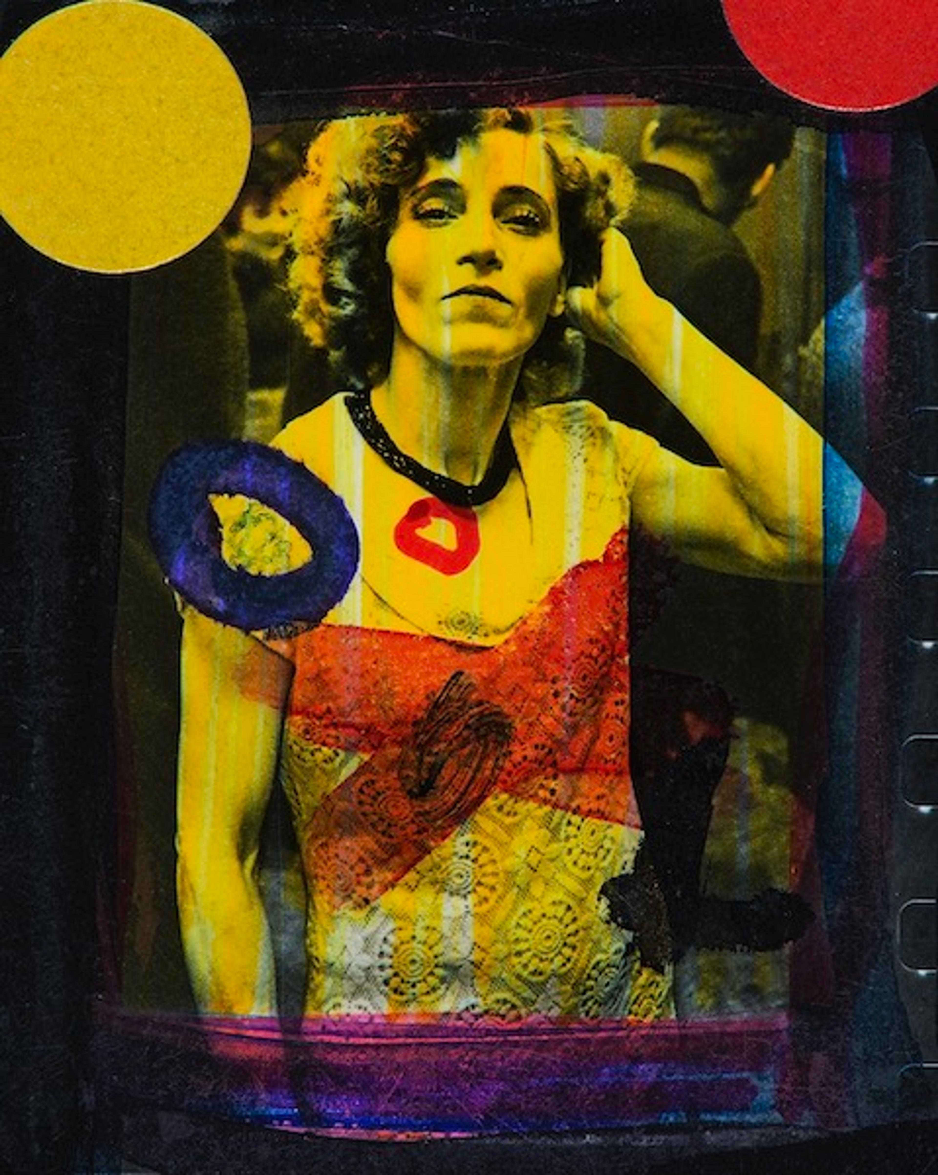 A colorful photographic artwork of a woman with short curly hair with her hand to her ear