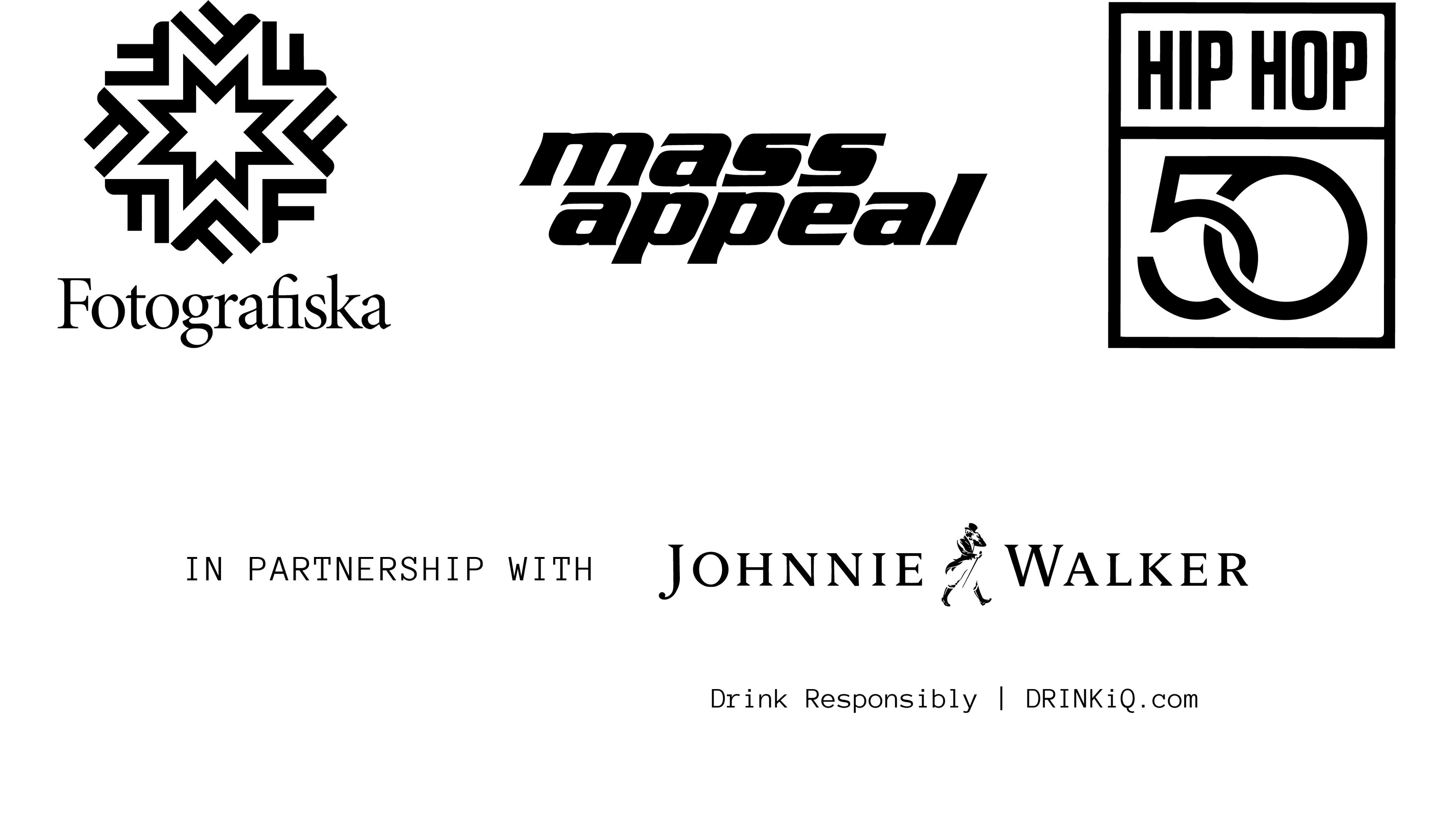 Logos of Fotografiska, Mass Appeal and Hip Hop 50. In partnership with, Johnnie Walker and media partners with tipBerlin, TheBerliner, Diffus, Zoo and Numero Berlin