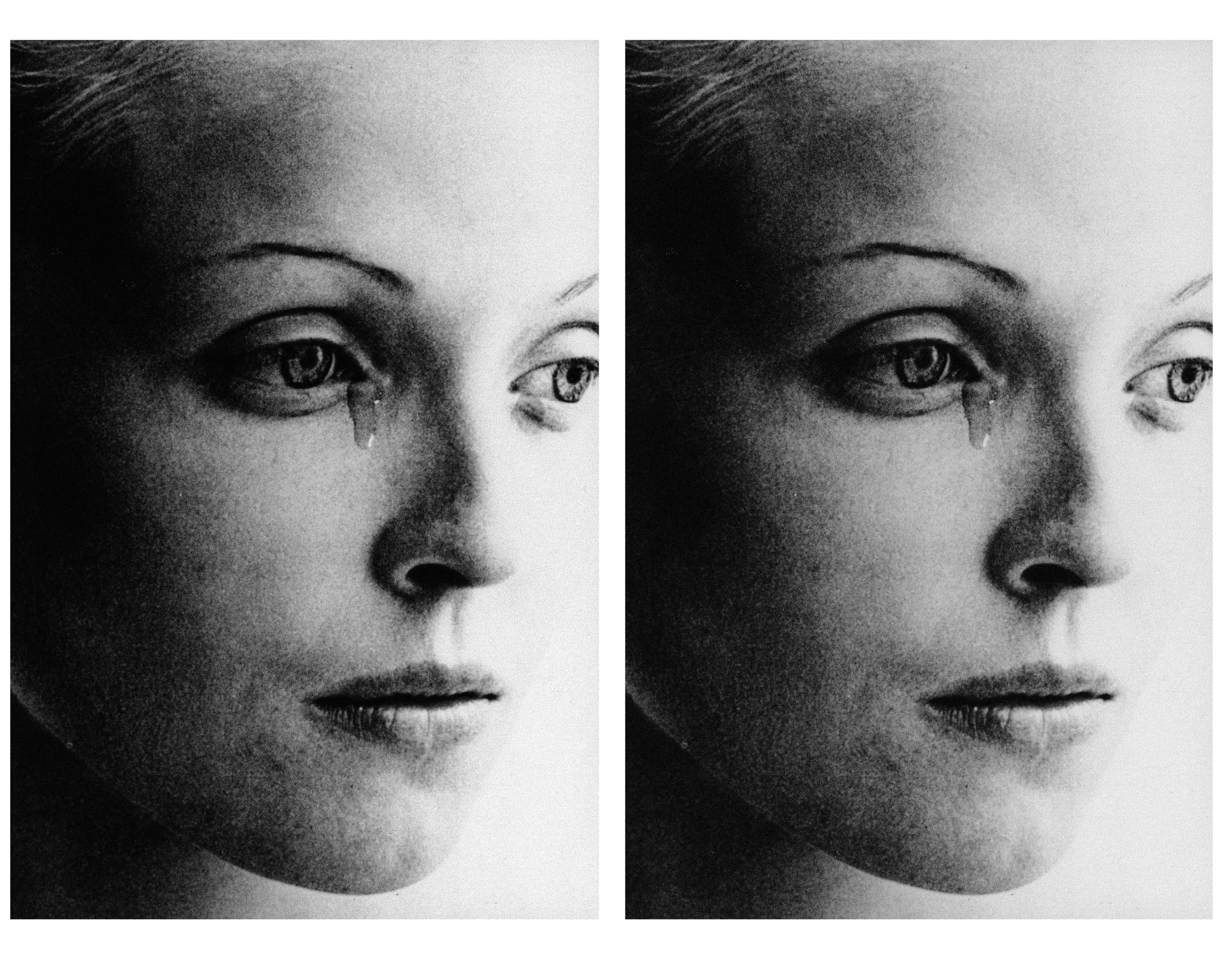  Two black-and-white, grainy close-up portraits of a woman's face placed side by side. She gazes to the side with a neutral expression, and a tear runs from one eye down her cheek. Soft lighting falls across her face, creating a quiet, melancholic mood.