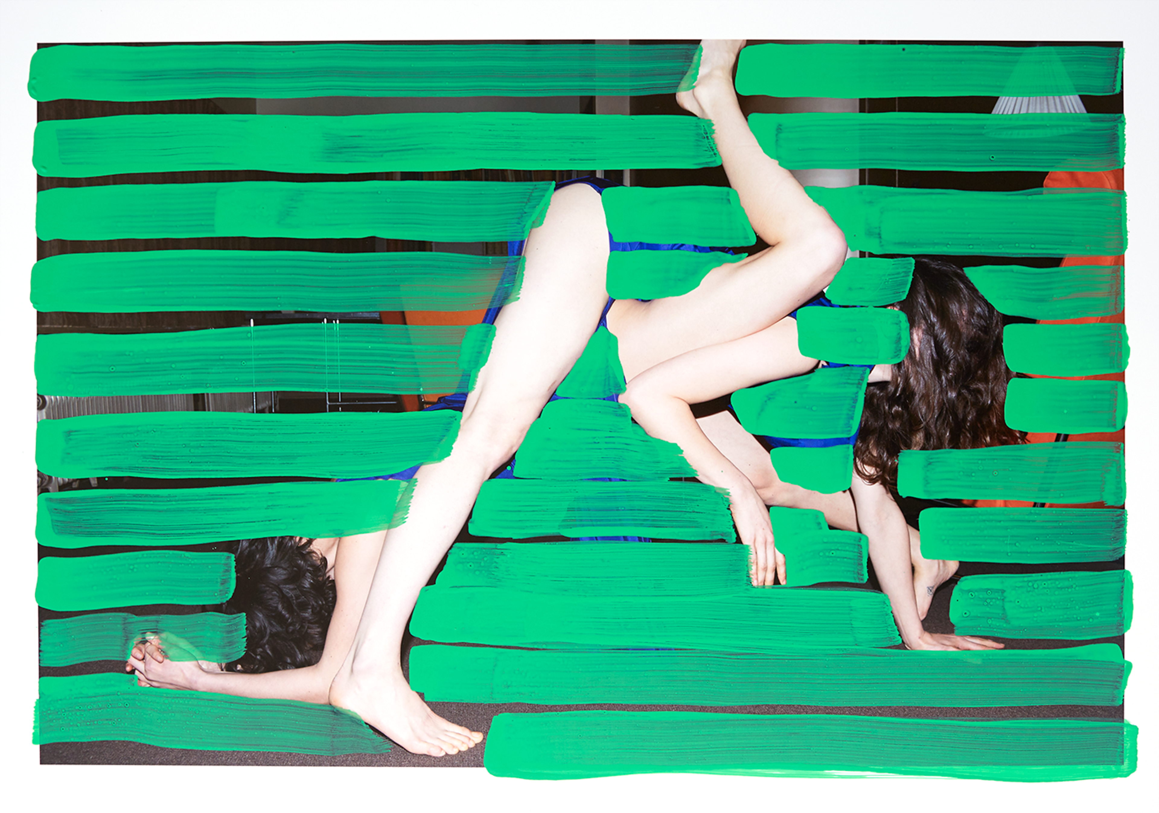 Two people in a bodily formation, partially obscured by horizontal green brushstrokes, with bare legs and blue garments visible.