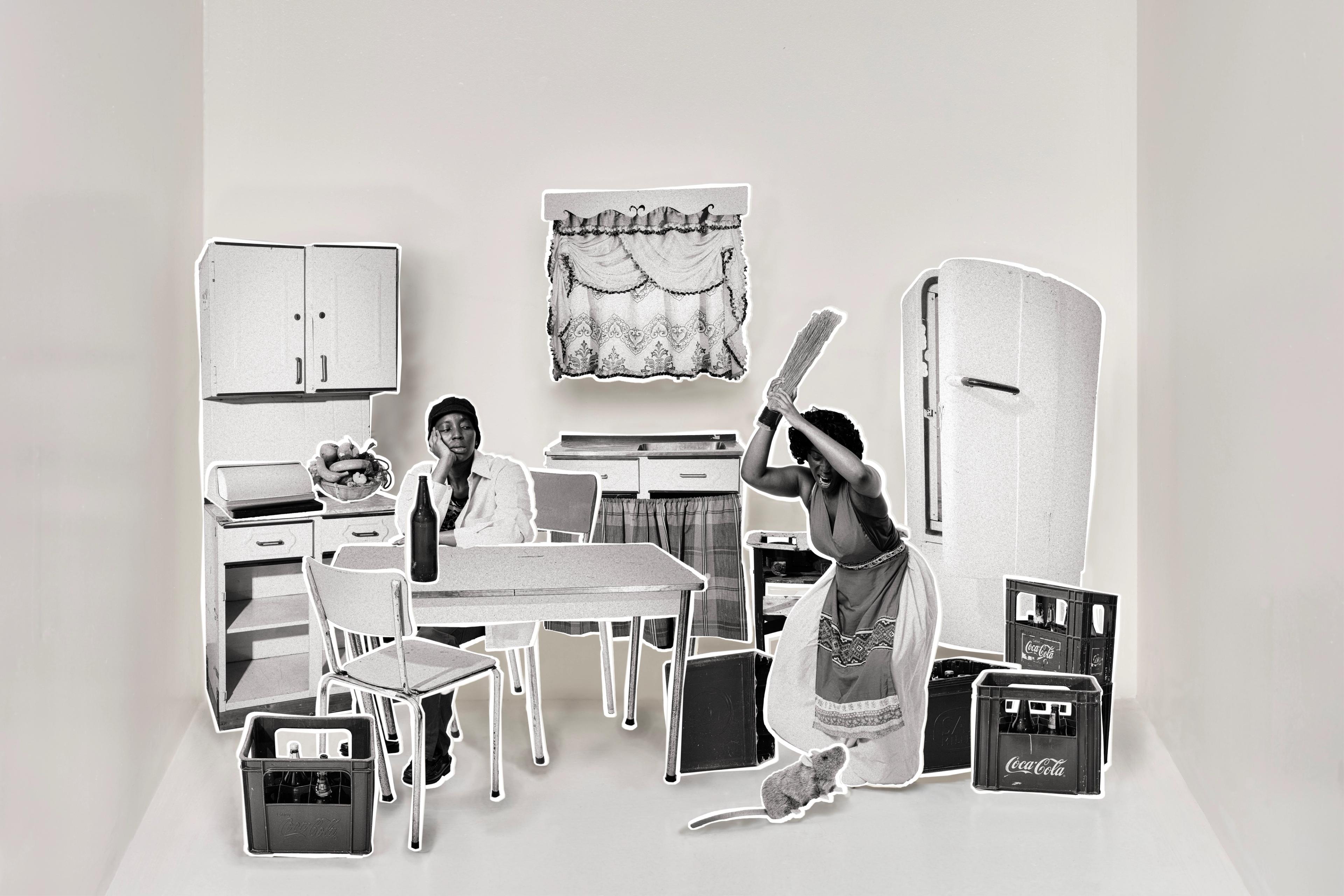 Collage of b/w cut outs resembling a kitchen with two people