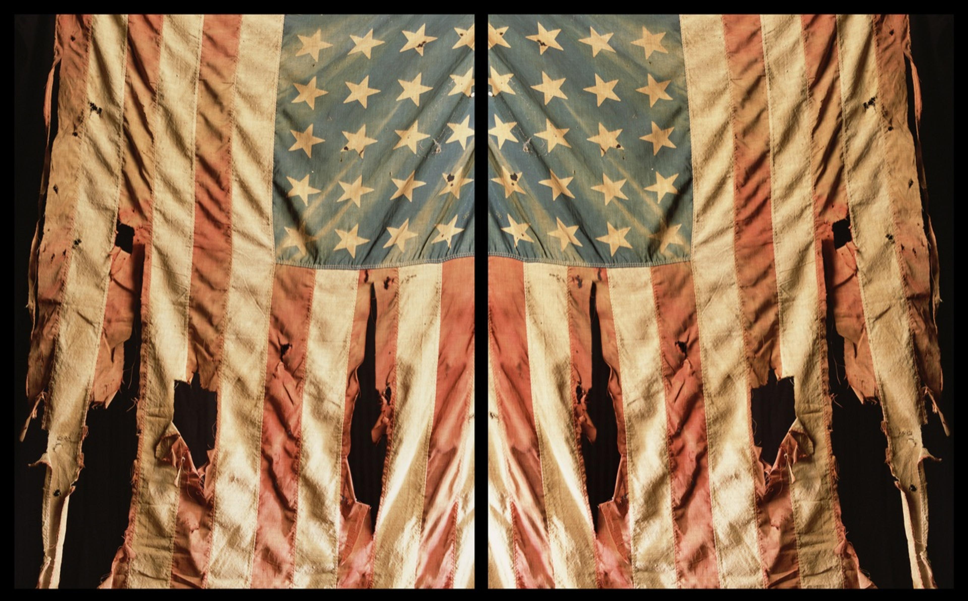 A symmetrical sepia photograph of two distressed American flags