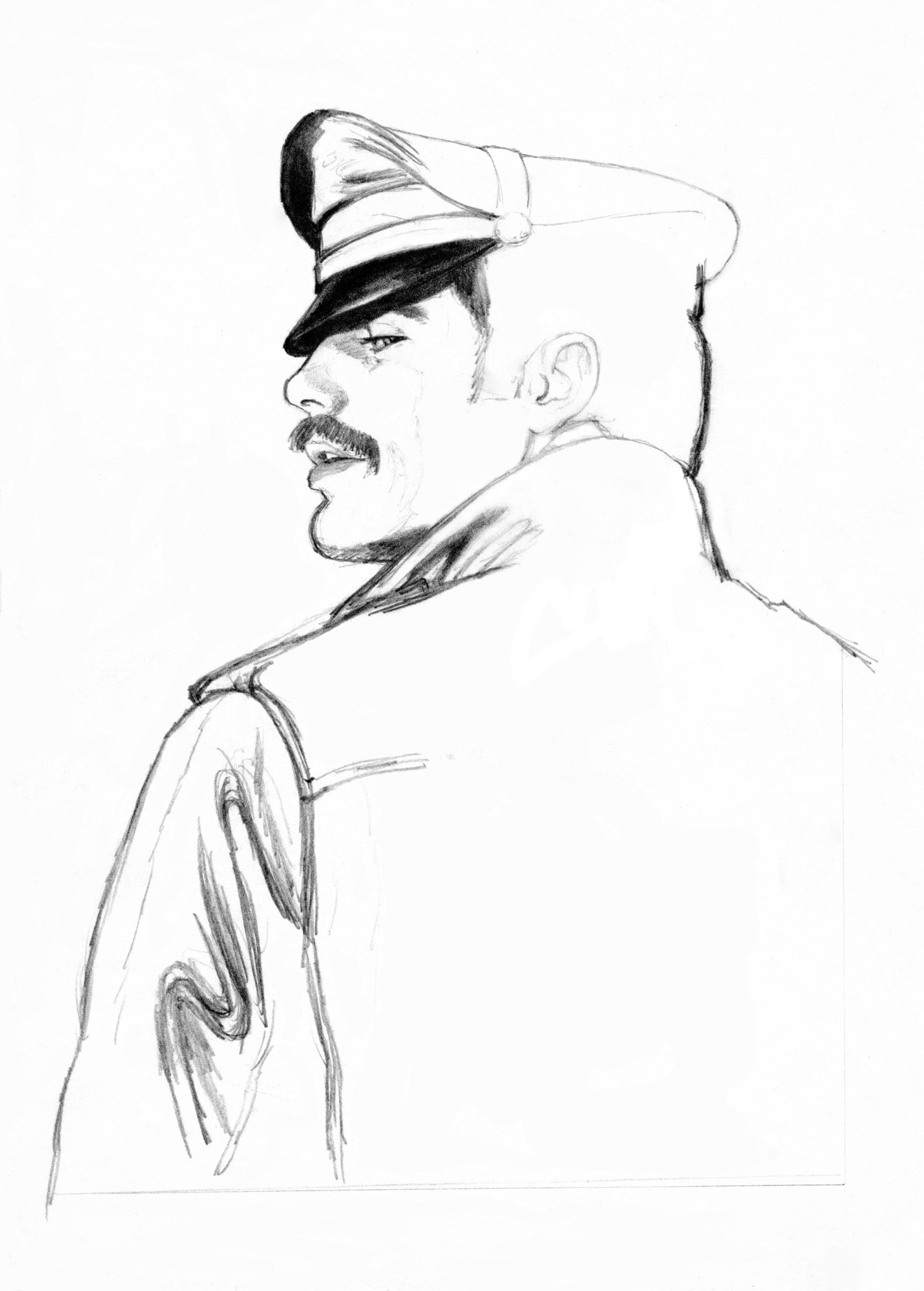 A black and white photographic artwork of a man in uniform's side profile