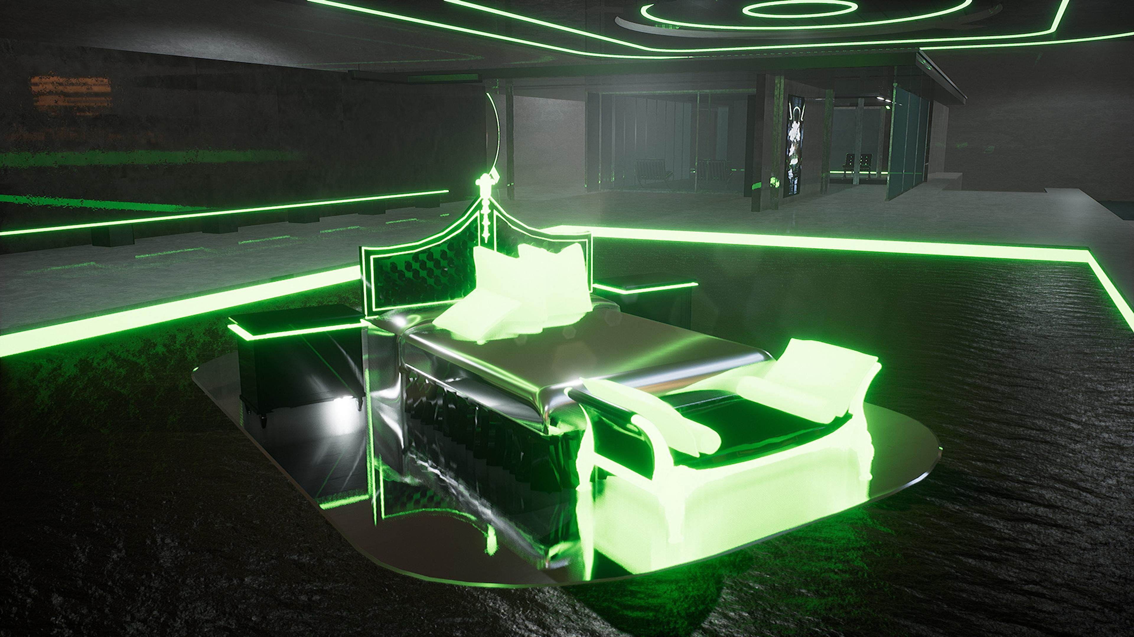 Nøtel (Hologram Bed), 2016 – ongoing multimedia installation, HD video, open world video game, and VR experience dimensions variable © Lawrence Lek. Courtesy the Artist and Sadie Coles HQ, London