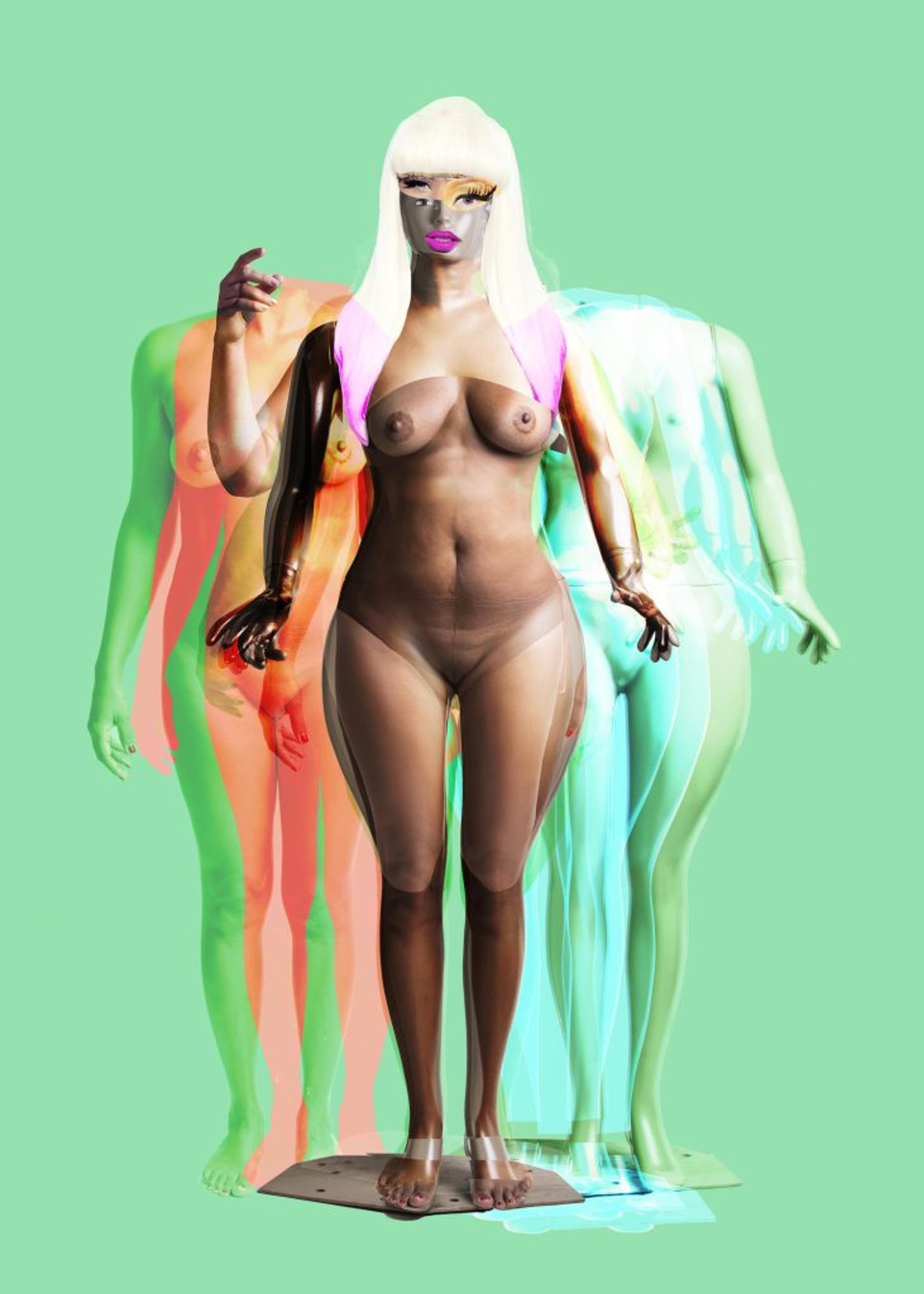 Eine nackte Frau posiert in leuchtenden Farben. 