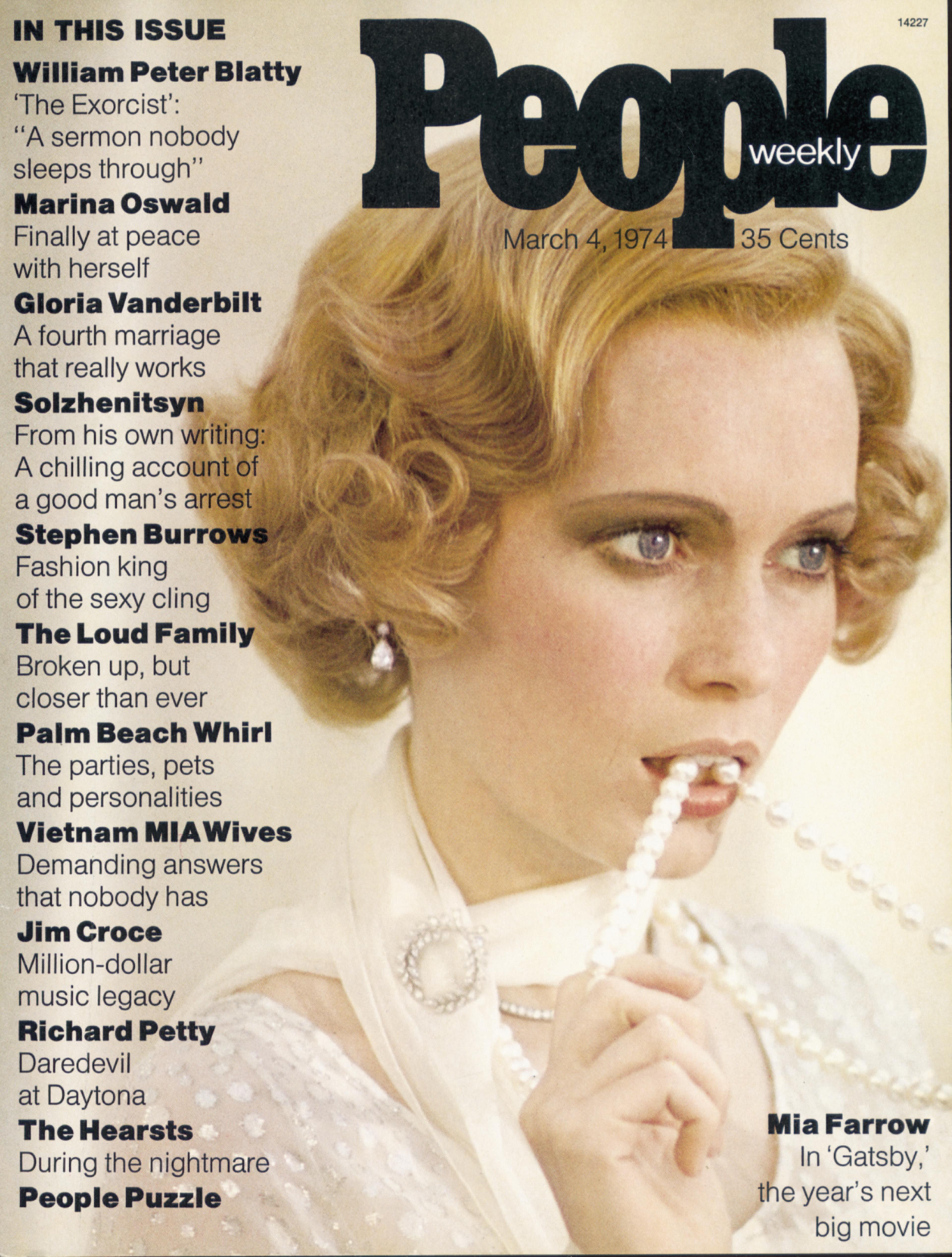 The first issue of PEOPLE Magazine dated March 4, 1974, with cover featuring Mia Farrow biting on a pearl necklace