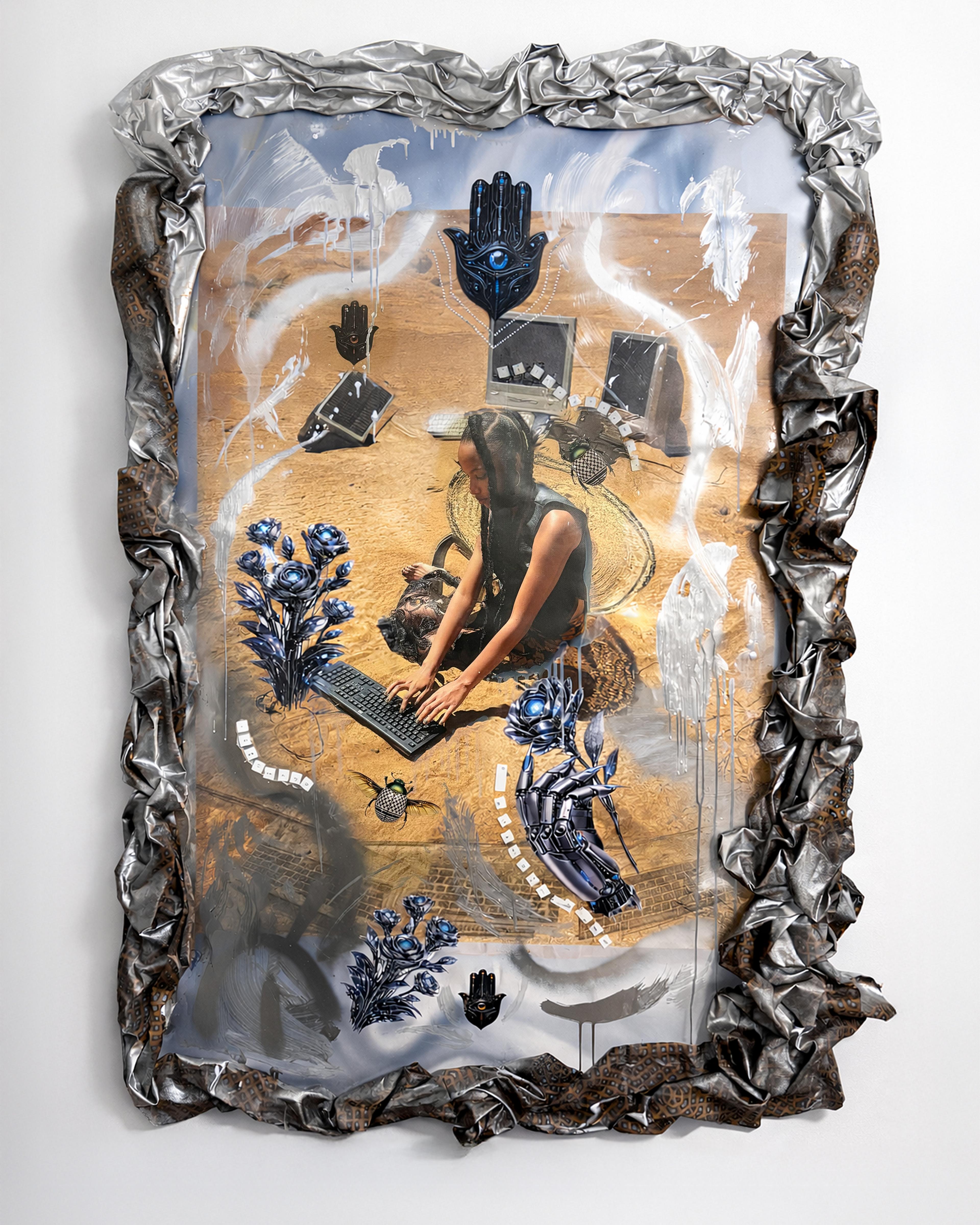 Collage of a woman sitting on a sand floor typing on a computer keyboard