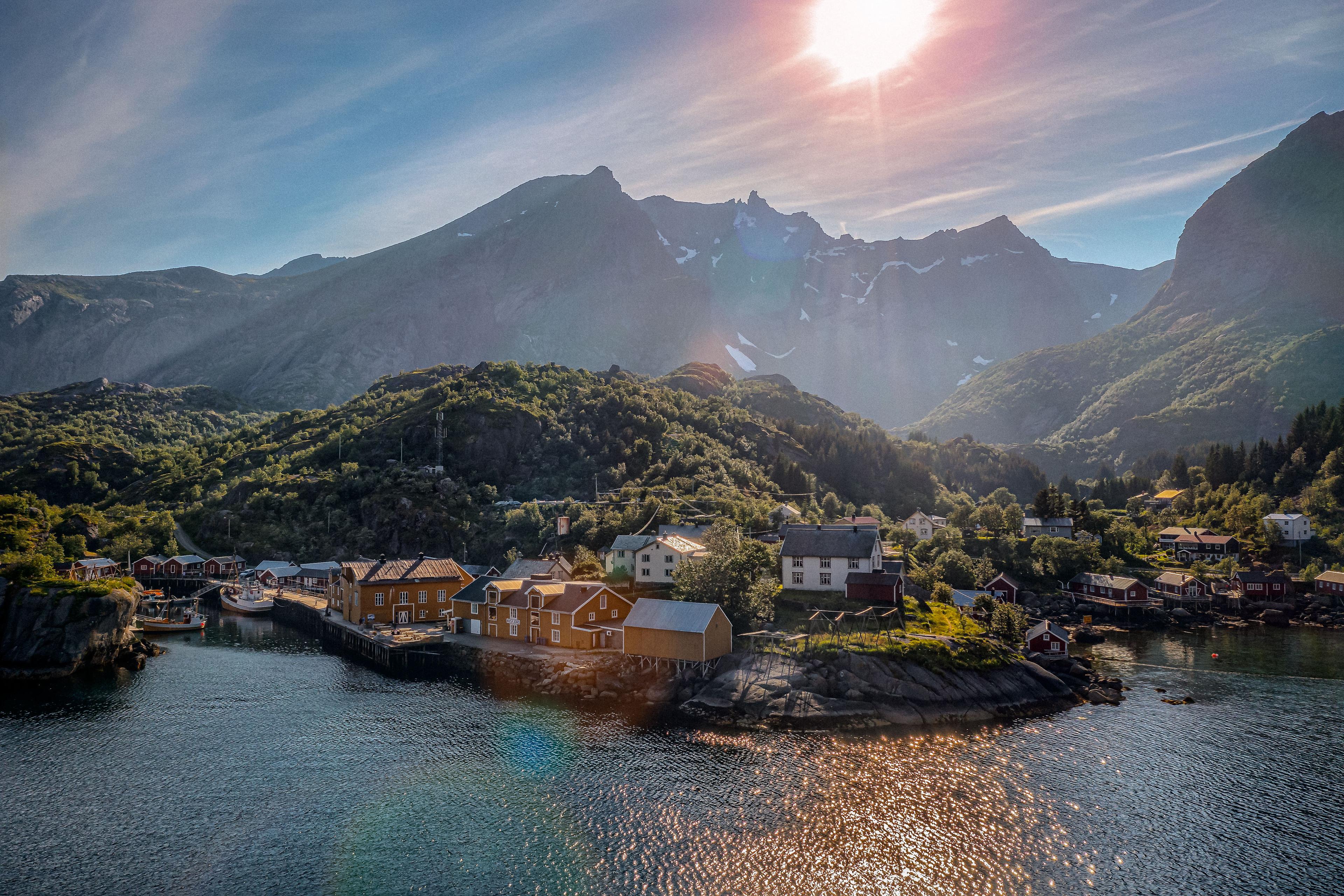 Nusfjord bay, mountains in the background
