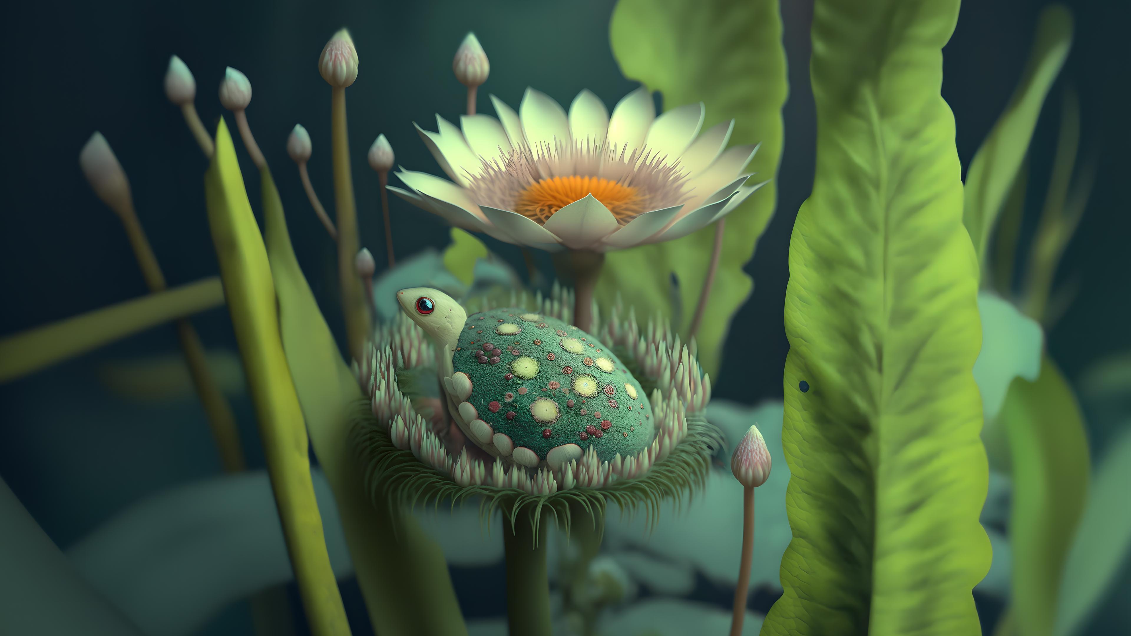 AI-generated image, a cute turtle that's laying on a flower