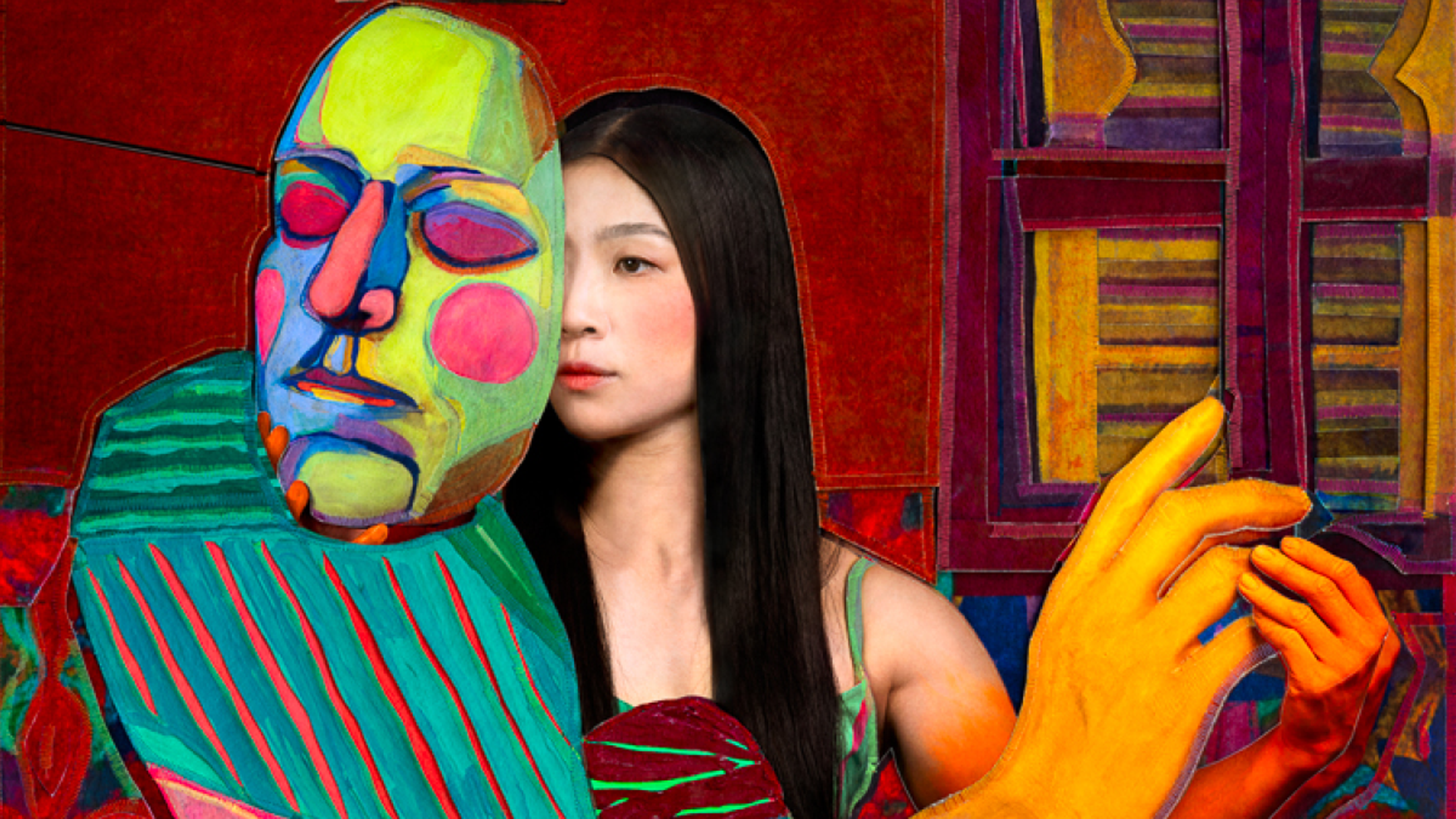 An image of a woman behind a colorful mask in dark red environment