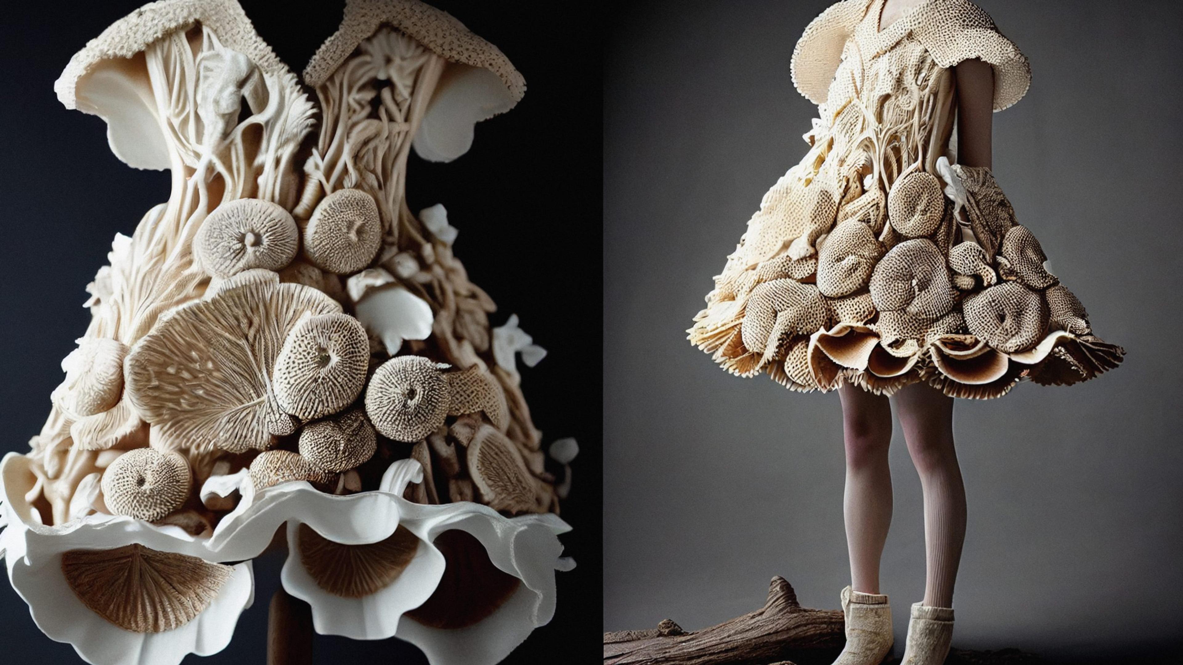 Made by using artificial intelligence / "I dream about a dress made of edible fungi"