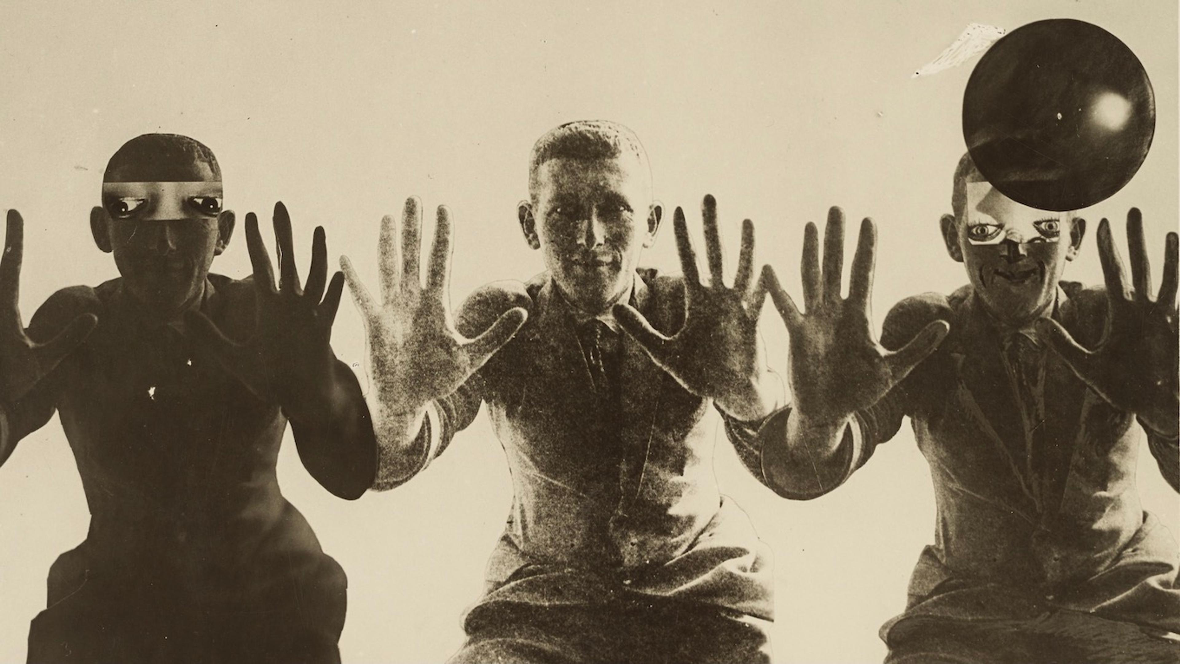 A sepia photographic collage featuring three men raising their hands