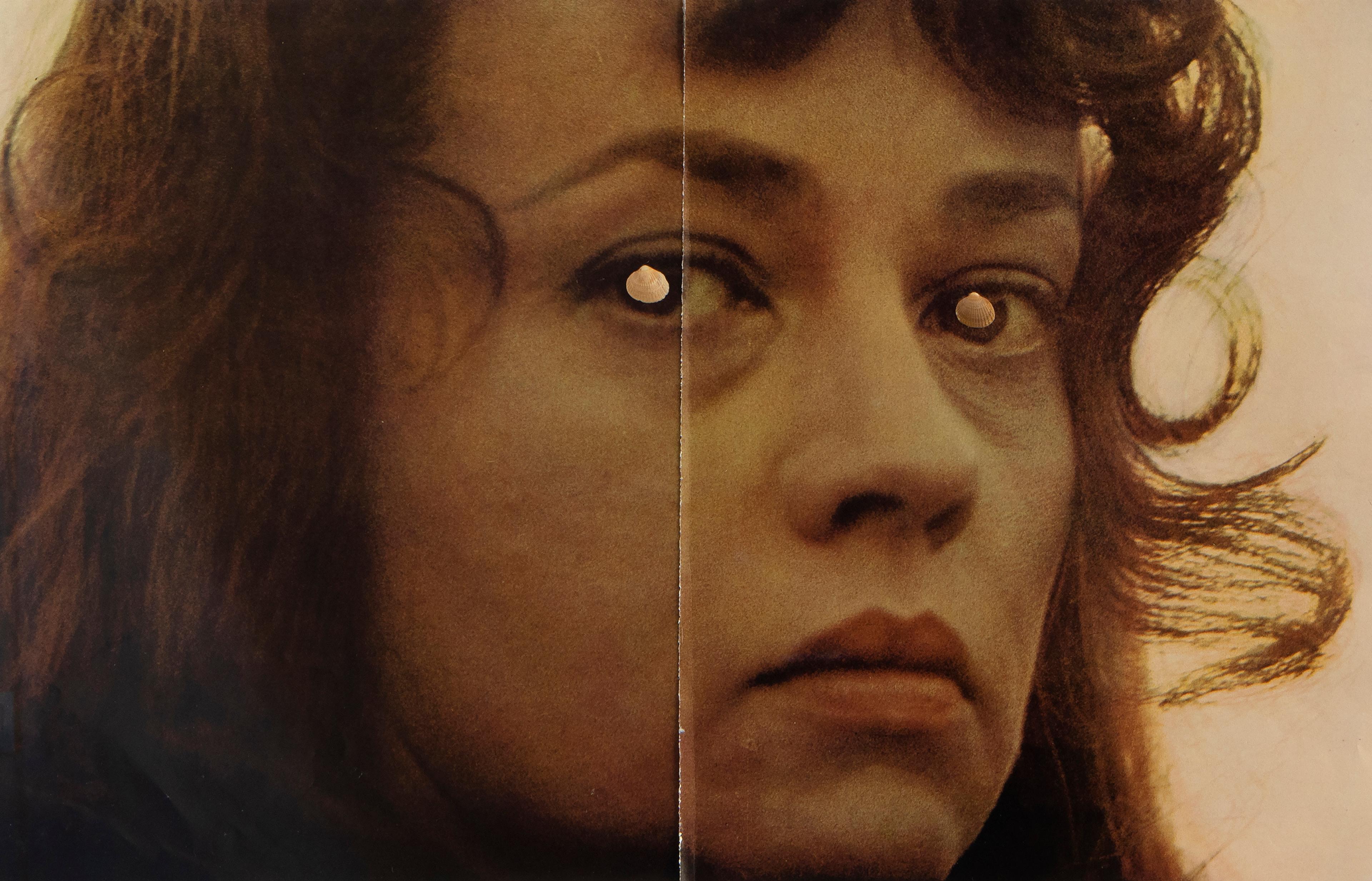  Color, grainy portrait of a woman's face split vertically down the middle, as if two similar images are joined together. She looks forward, with light reflections in her eyes. Her hair falls softly around her face, and the image has a warm, slightly blurred, dreamlike quality.