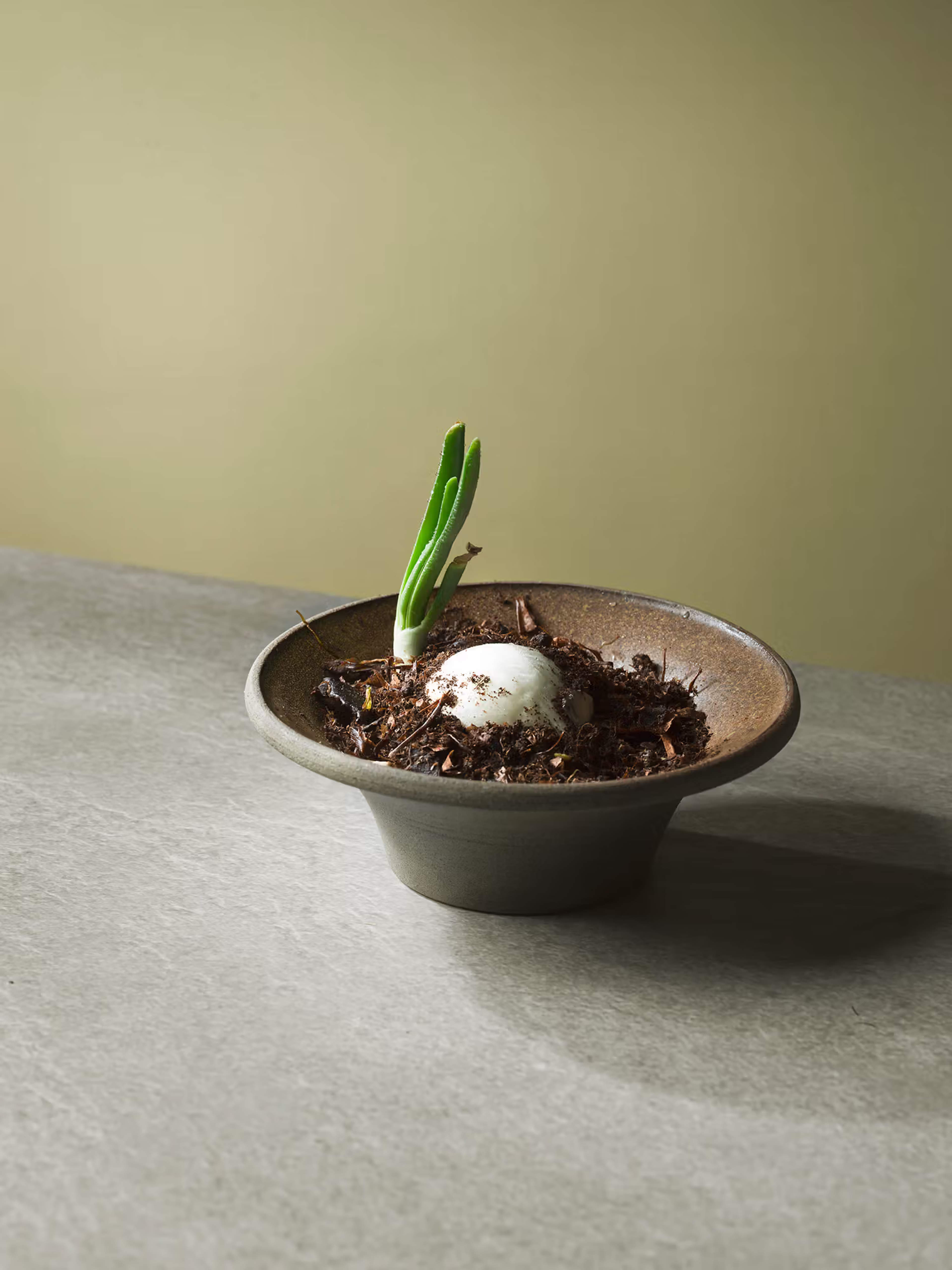 En liten keramisk skål står centrerad på en ljus stenbordsskiva. I skålen ligger en färgstark, konstfullt upplagd rätt med små tärningar av rött protein, skivor av grönsaker, krämig sås och flera ätbara blommor i lila, blått och vitt.